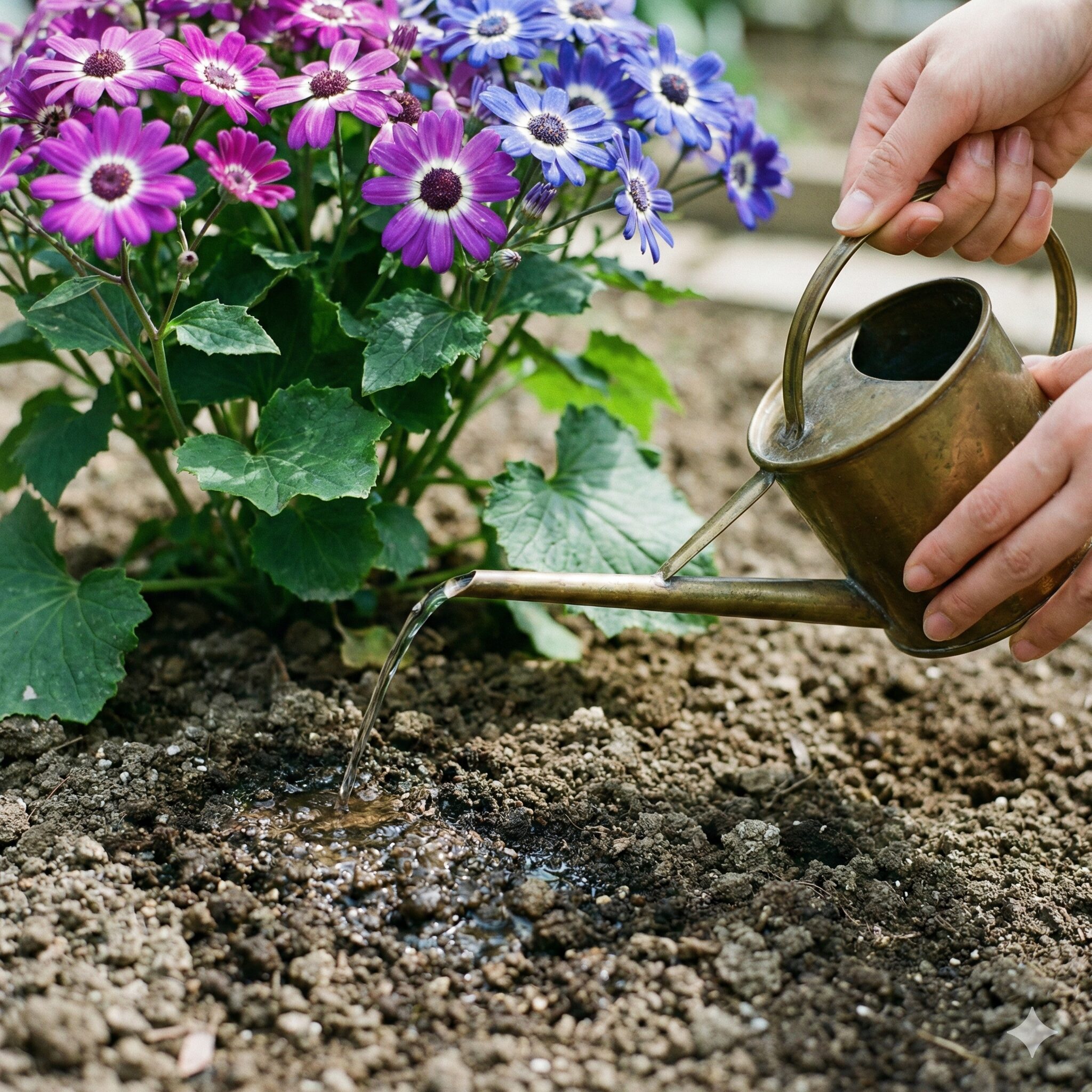 サイネリア 玄関3　サイネリアの病気を防ぐために花を濡らさず株元へ水やりをする様子