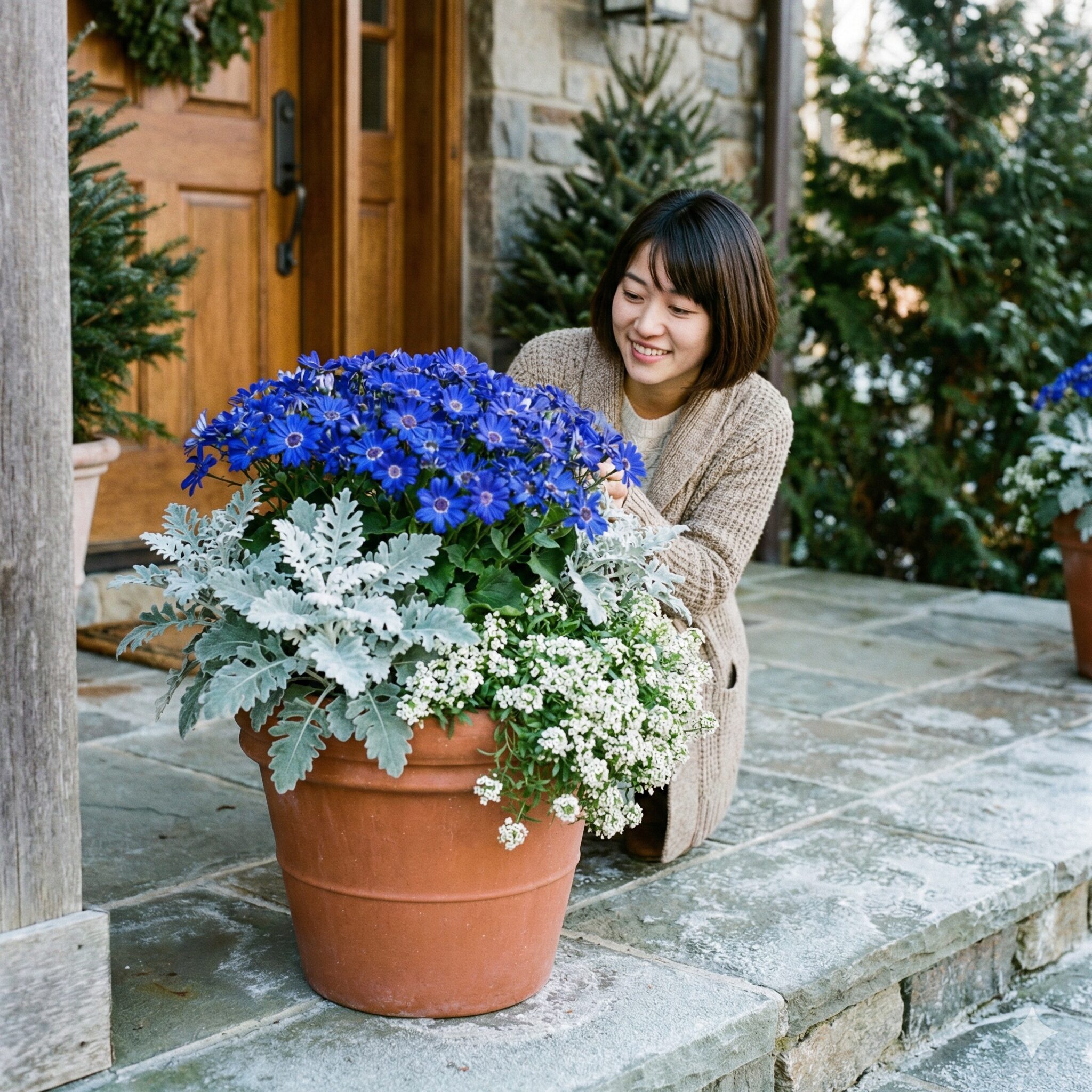 サイネリア 玄関7　サイネリアとシロタエギク、アリッサムを組み合わせた冬の玄関寄せ植え