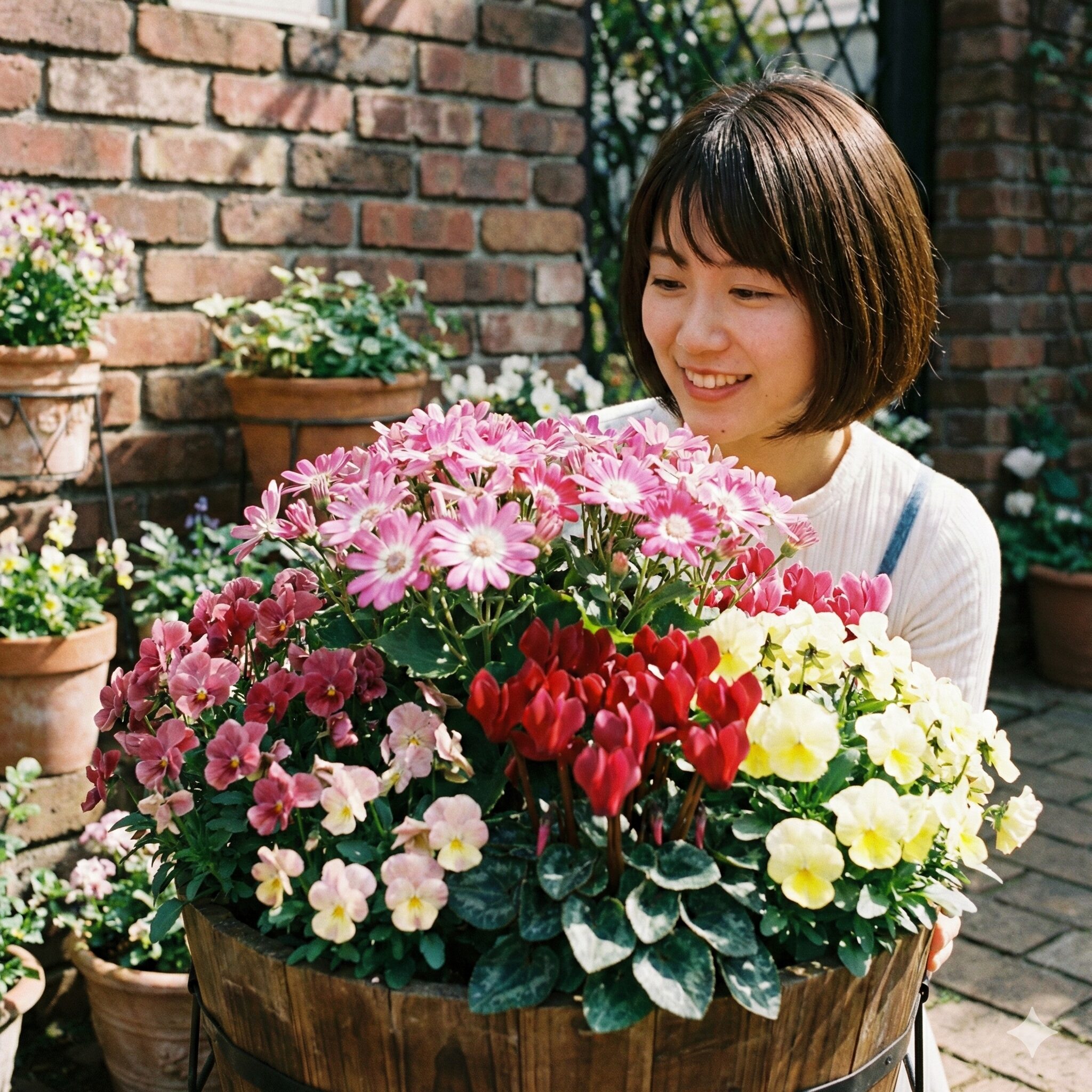 サイネリア 玄関8　サイネリア、ガーデンシクラメン、ビオラの華やかな冬の混植プランター