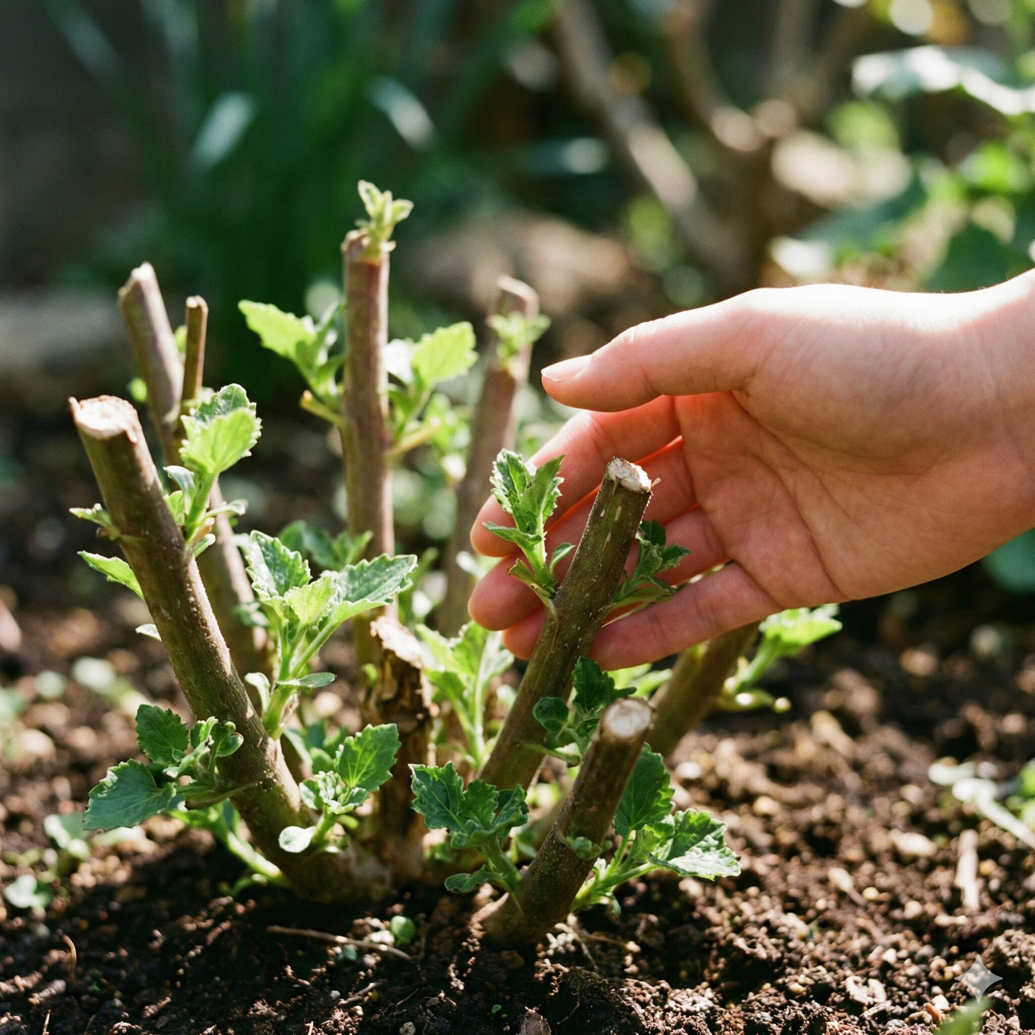 サイネリア 玄関9　切り戻し後に新しい芽が伸び始めたサイネリアの株元