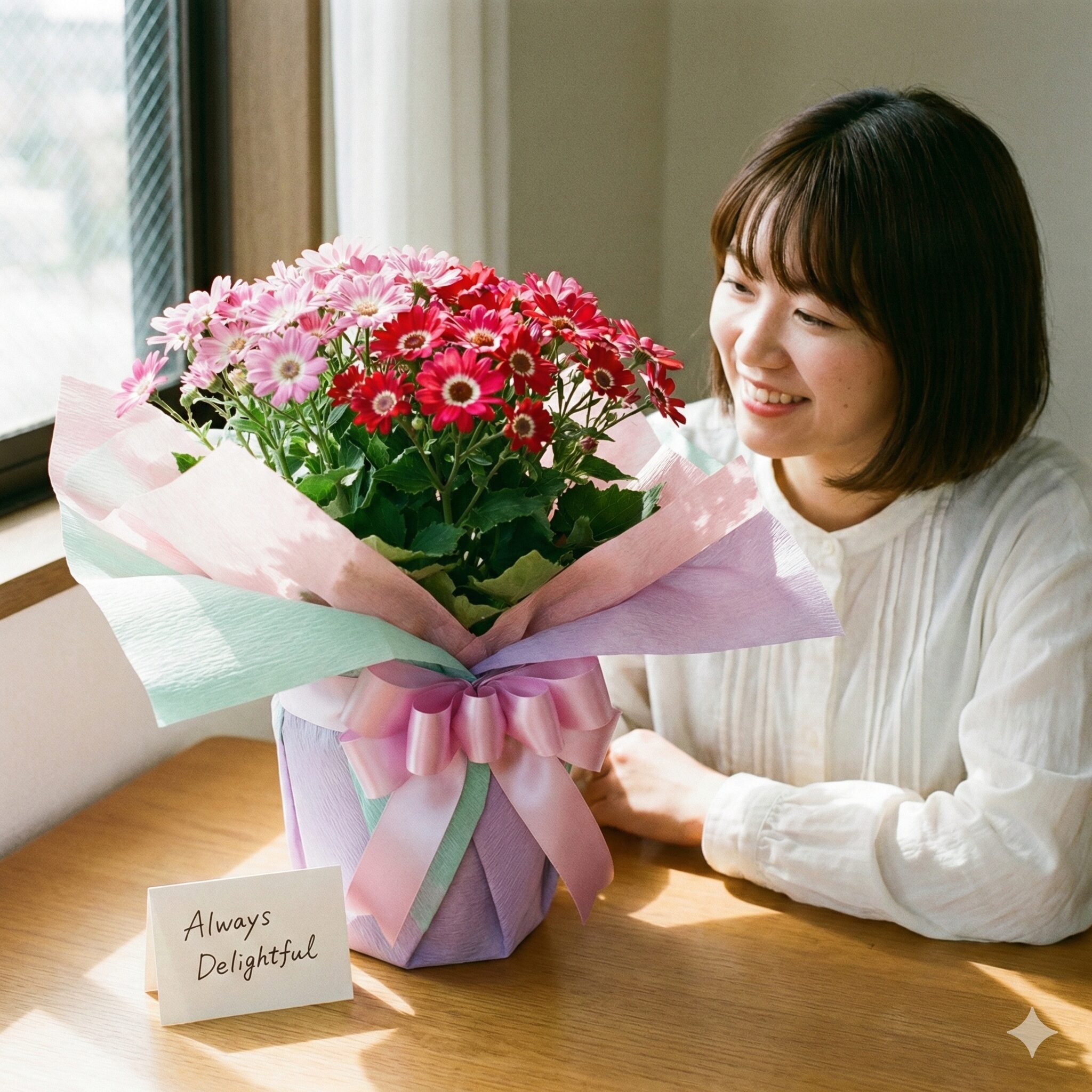 サイネリア 育て方 室内10　室内ギフトとしてラッピングされた花言葉「快活」を持つサイネリア