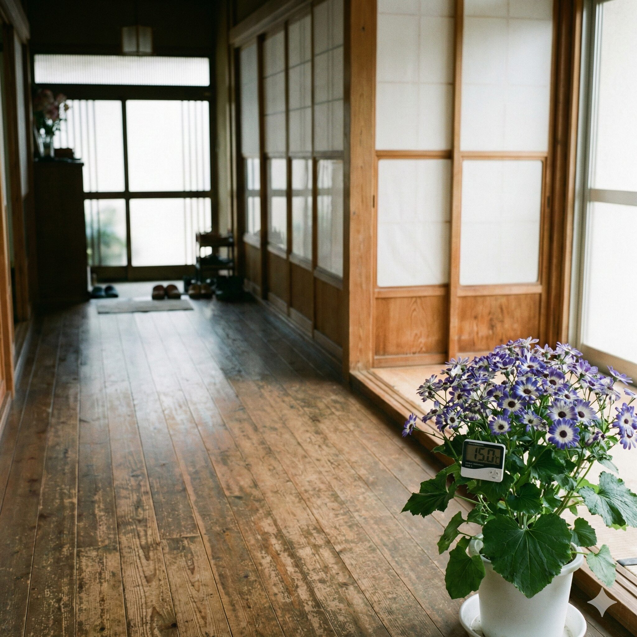 サイネリア 育て方 室内3　サイネリアの室内栽培に適した15度前後の室温を示す温度計