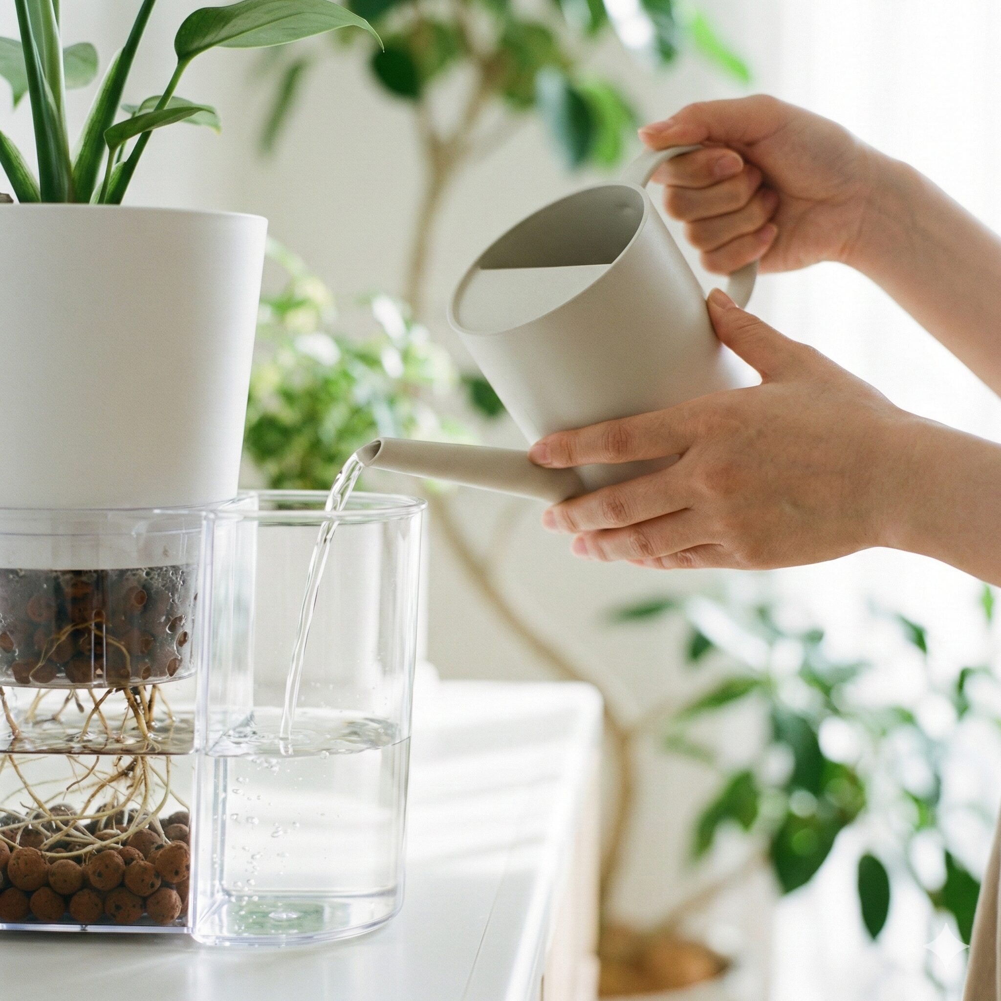 サイネリア 育て方 室内4　サイネリアの室内栽培で便利な底面給水鉢への水やりの様子