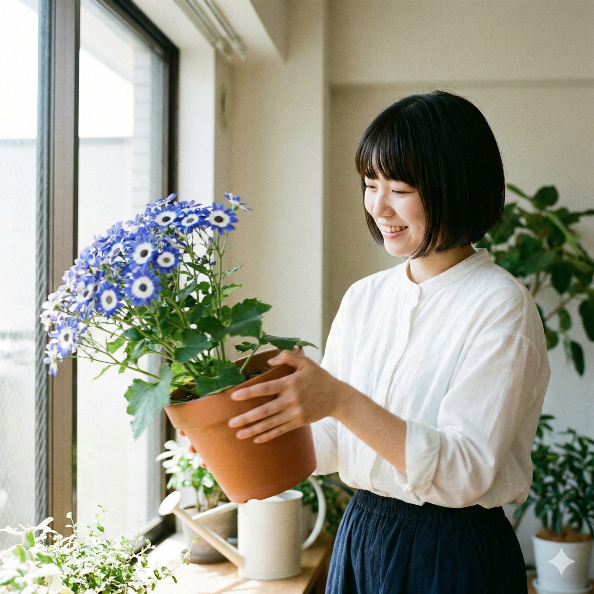 サイネリア 育て方 室内6　室内でサイネリアの形を整えるために鉢を回転させる鉢回しの手順