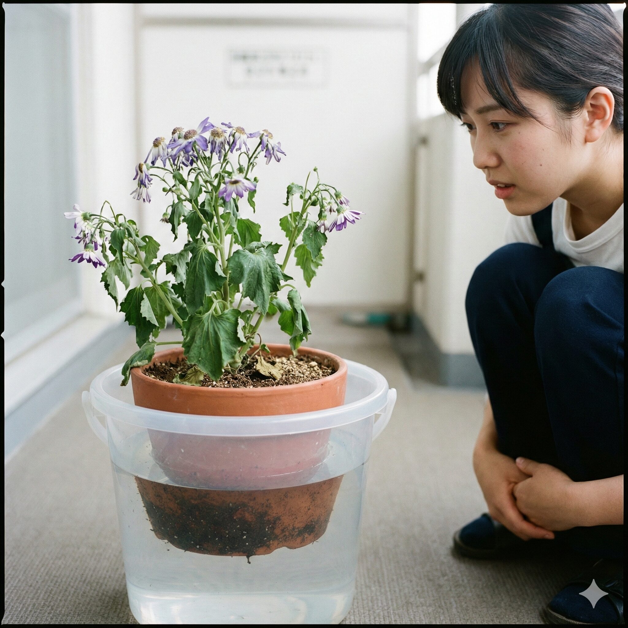 サイネリア 育て方 室内9　水切れでしおれたサイネリアを復活させる腰水法のやり方