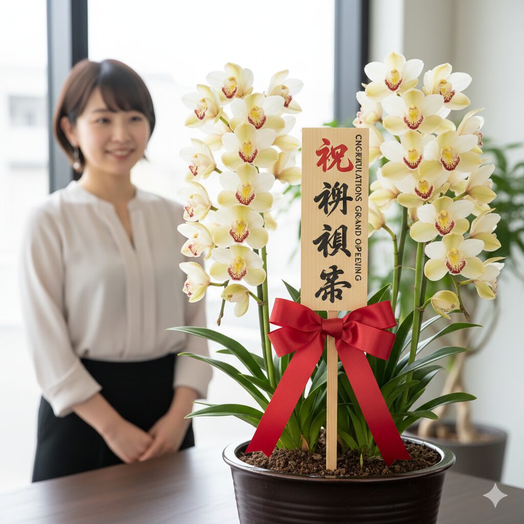 シンビジウム 値段10　　開店祝いなどのビジネスギフトに添える高級感のある木製立て札とリボン