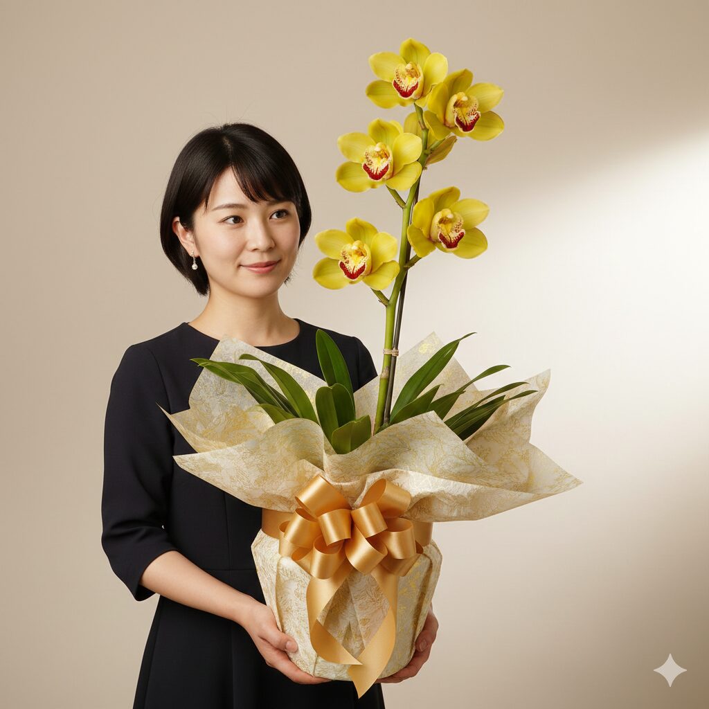 シンビジウム 値段2　お歳暮やギフトに最適なラッピングを施した3本立ちの黄色いシンビジウム