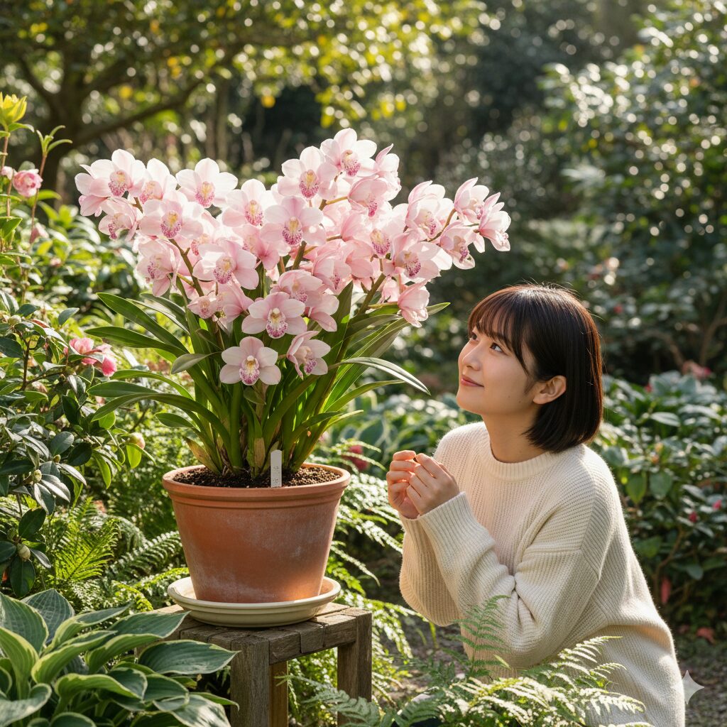 シンビジウム 植え 替え 用土1　シンビジウムの植え替えと用土選びを解説するMy Garden編集部のイメージ。満開のシンビジウムの花。
