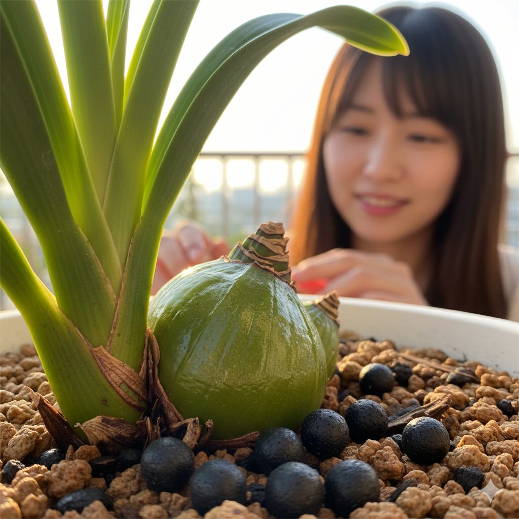 シンビジウム 植え 替え 用土10　成長期に肥料をたっぷり吸収して大きく肥大した、シンビジウムの健康なバルブ。