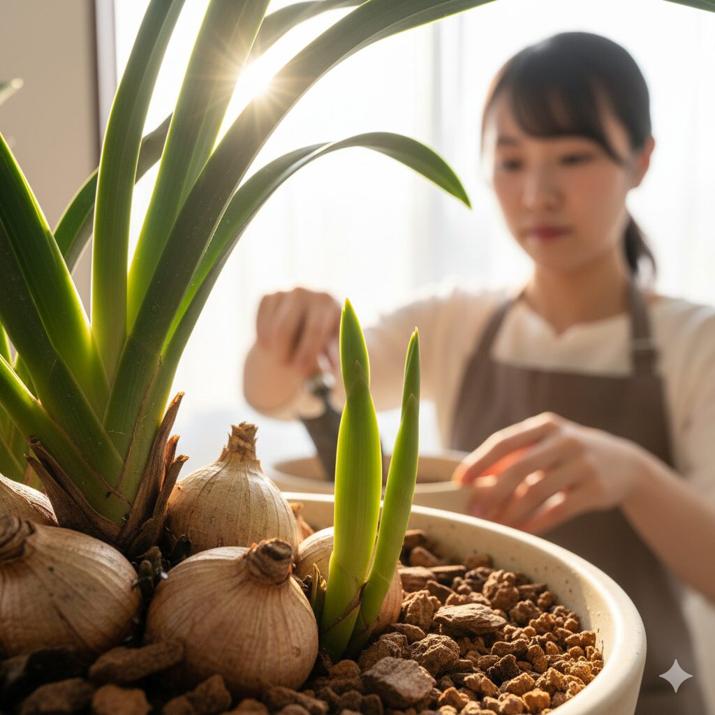 シンビジウム 植え 替え 用土2　シンビジウムの植え替え適期を示す2〜3cmほど伸びた元気な新芽のクローズアップ。