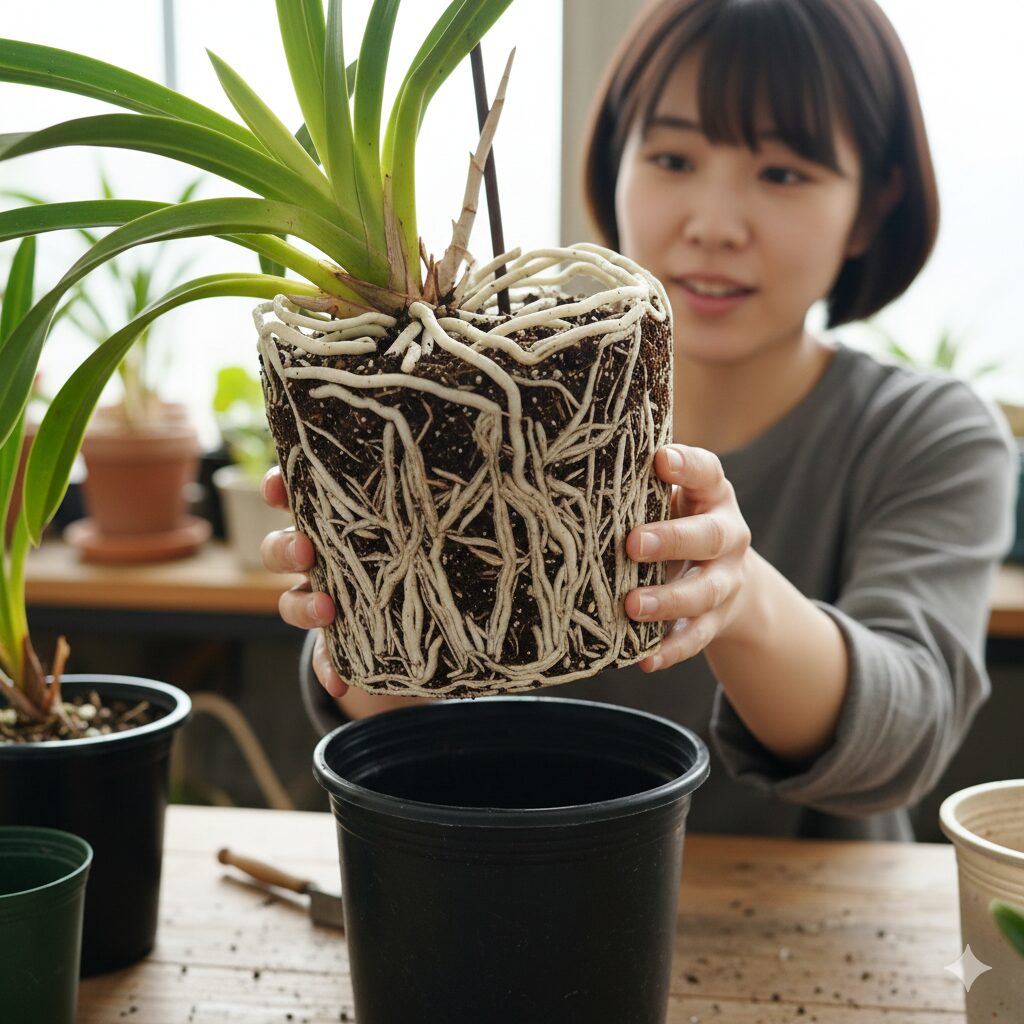 シンビジウム 植え 替え 用土3　鉢の中で根詰まりを起こし、鉢の形に固まったシンビジウムの太い根。