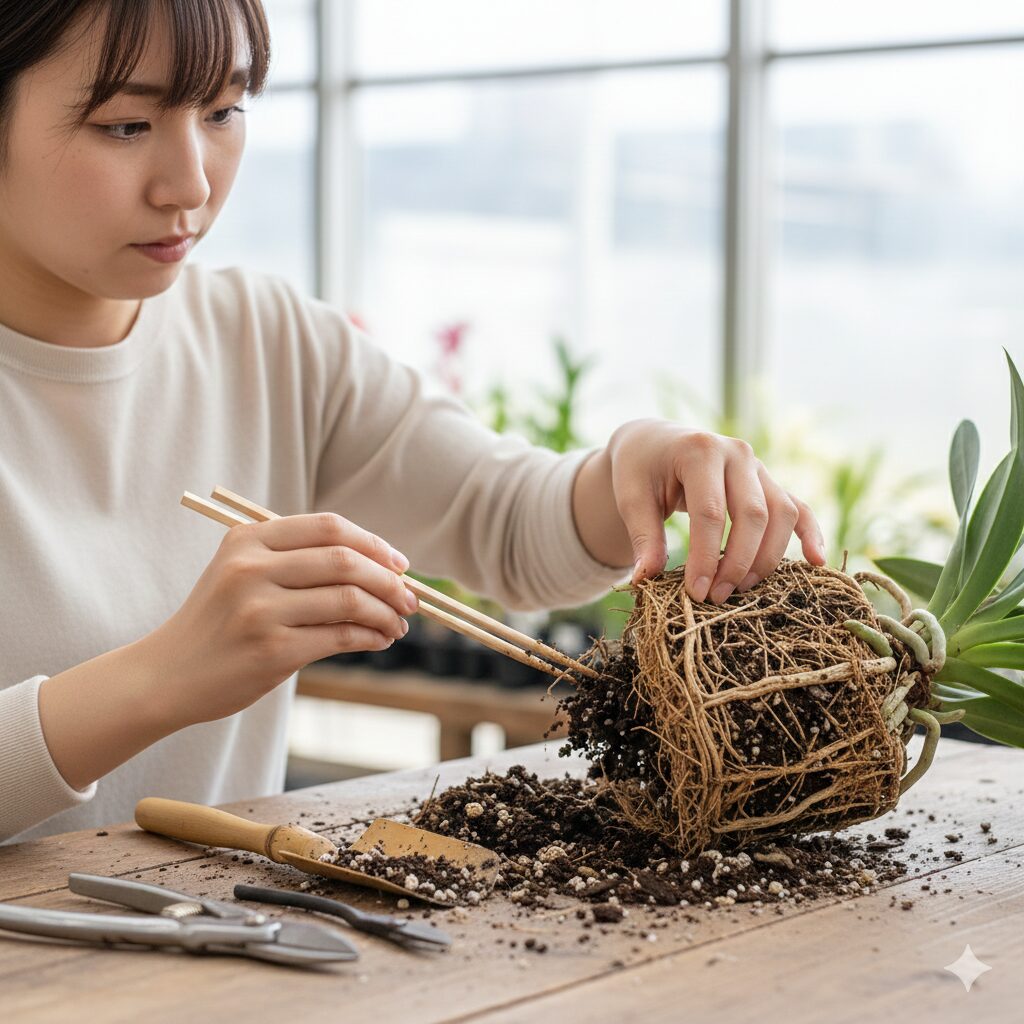 シンビジウム 植え 替え 用土4　シンビジウムの古い用土を割り箸で丁寧に取り除き、根を整理する植え替え作業。