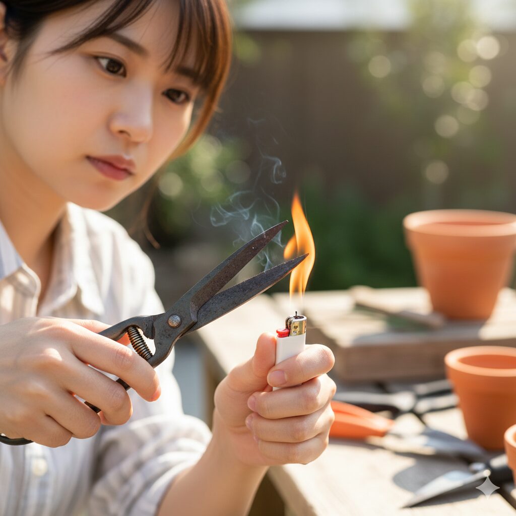 シンビジウム 植え 替え 用土7　シンビジウムのウイルス感染を防ぐために、植え替え用のハサミを火で消毒する様子。