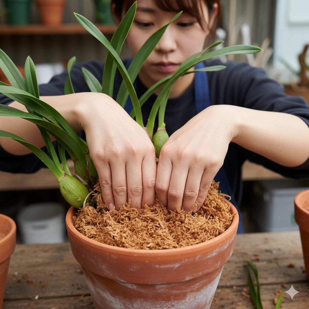 シンビジウム 植え 替え 用土8　素焼き鉢に水苔を硬く詰め込み、シンビジウムを固定する植え込み作業。