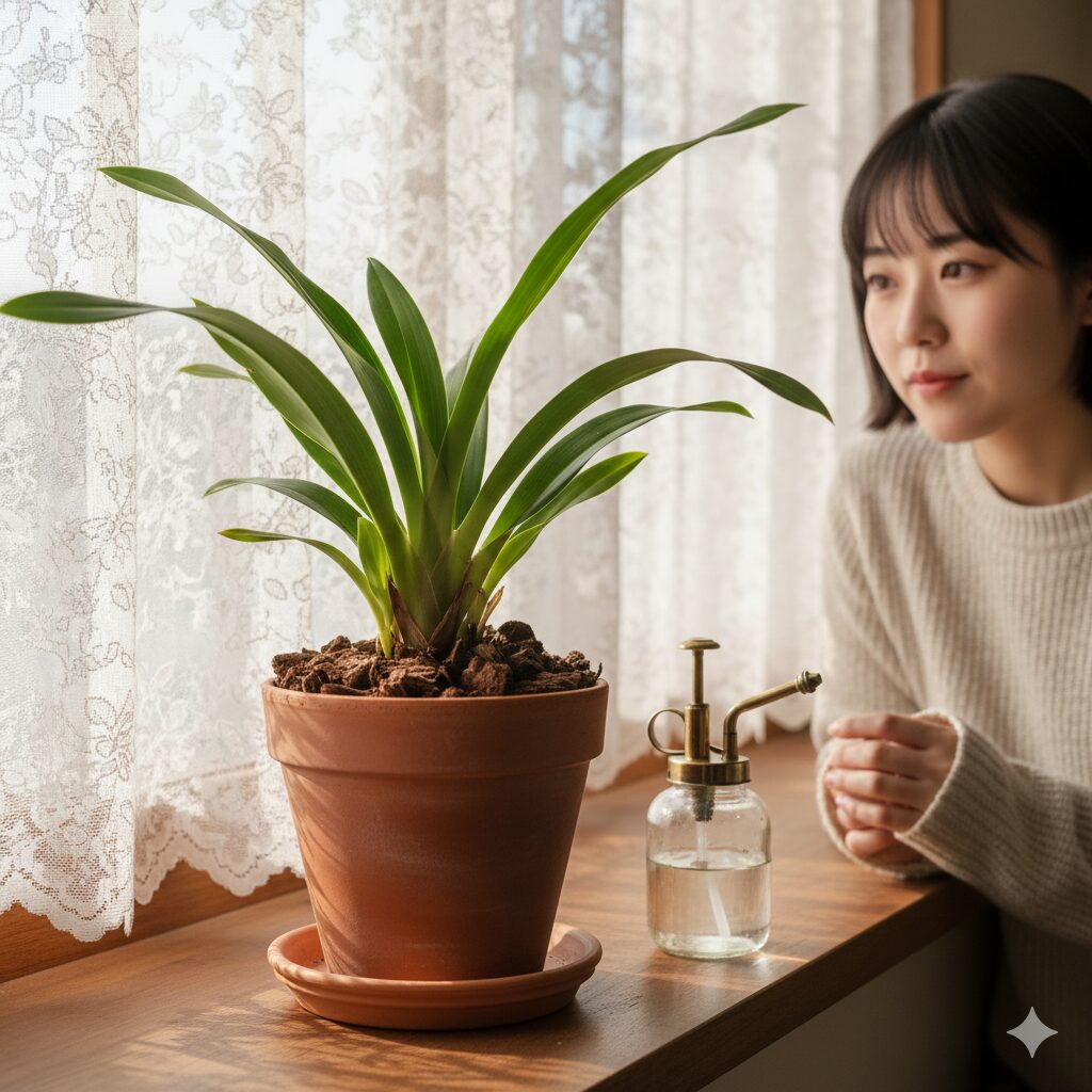 シンビジウム 植え 替え 用土9　植え替え後のシンビジウムを養生させる、明るい日陰と葉水の管理イメージ。