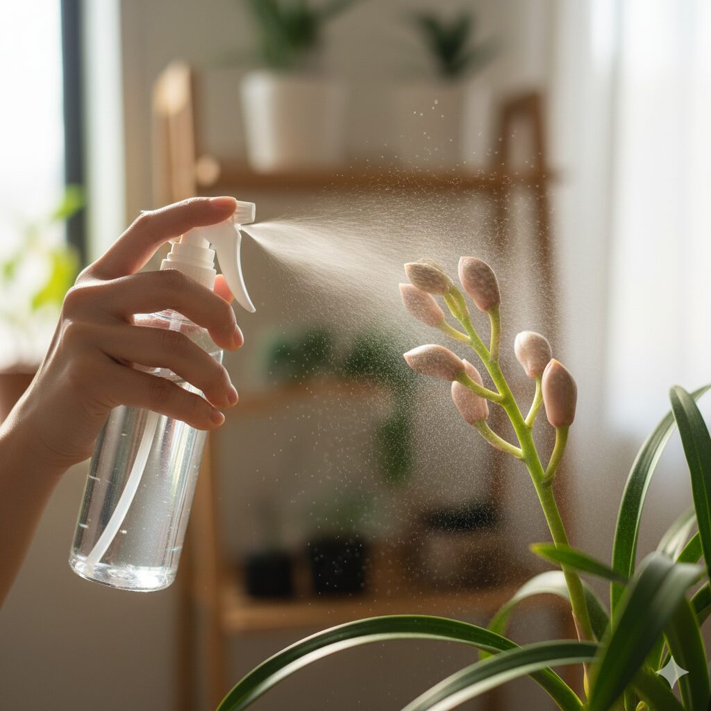 シンビジウム 置き場所10　乾燥による落蕾を防ぐために霧吹きでシンビジウムの蕾に加湿する様子