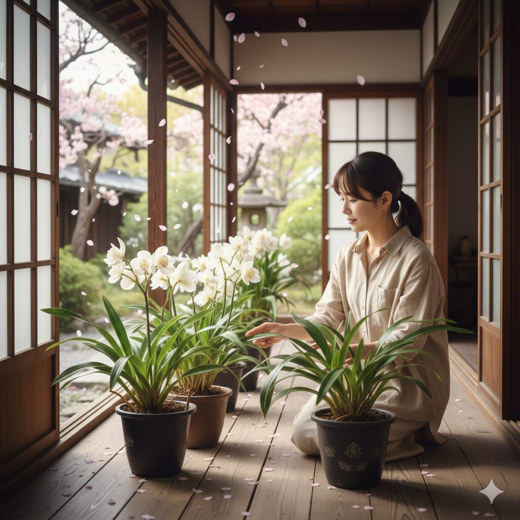 シンビジウム 置き場所3　春の屋外管理を開始するために軒下の半日陰に置かれたシンビジウム