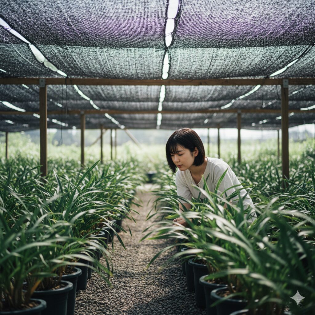 シンビジウム 置き場所4　夏の強光を遮るための遮光ネットと風通しの良い栽培環境