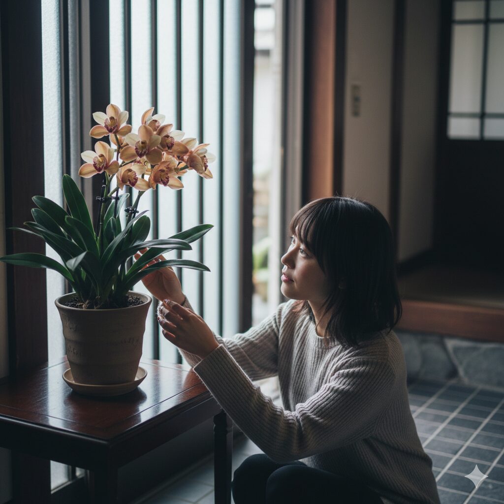 シンビジウム 置き場所6　花を長持ちさせるための理想的な置き場所である涼しい玄関のシンビジウム