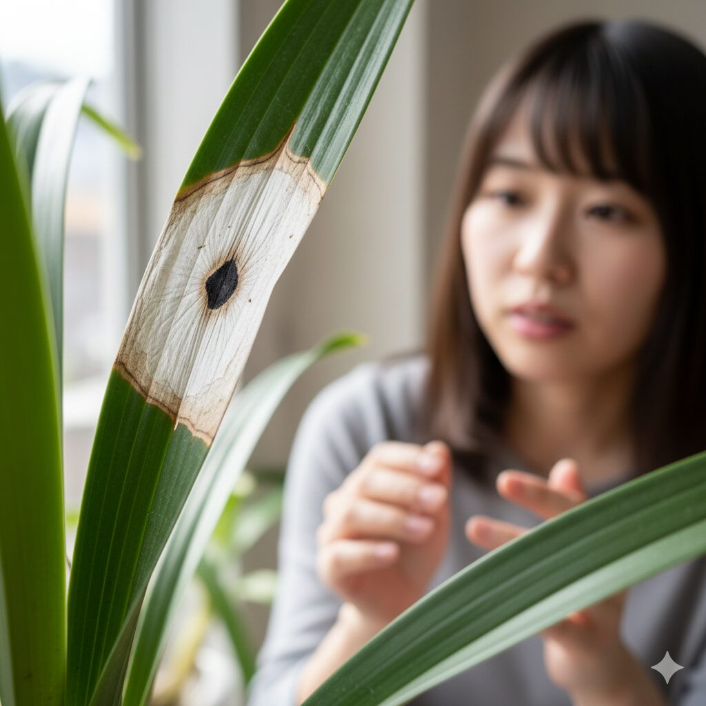 シンビジウム 置き場所7　急激な直射日光によって葉の一部が白く変色したシンビジウムの葉焼け