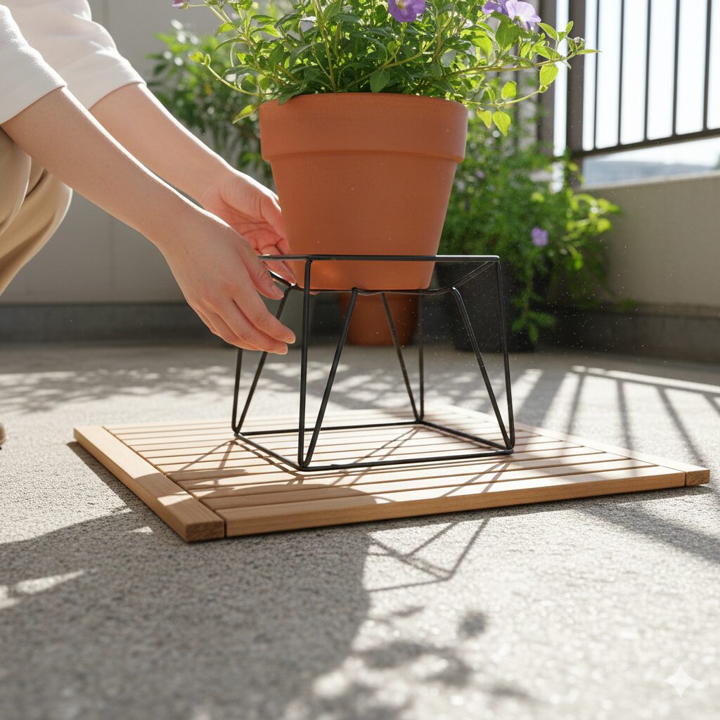 シンビジウム 置き場所9　地熱を避け風通しを確保するためにフラワースタンドとすのこを活用した配置