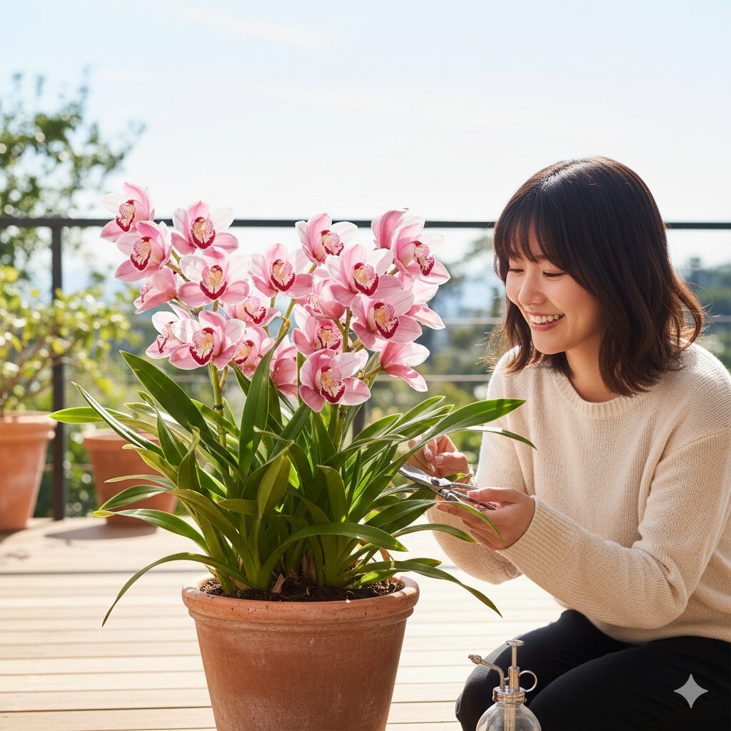 シンビジウム 葉っぱ切る1　美しく咲き誇るシンビジウムと手入れの行き届いた健康的な緑の葉の全体像