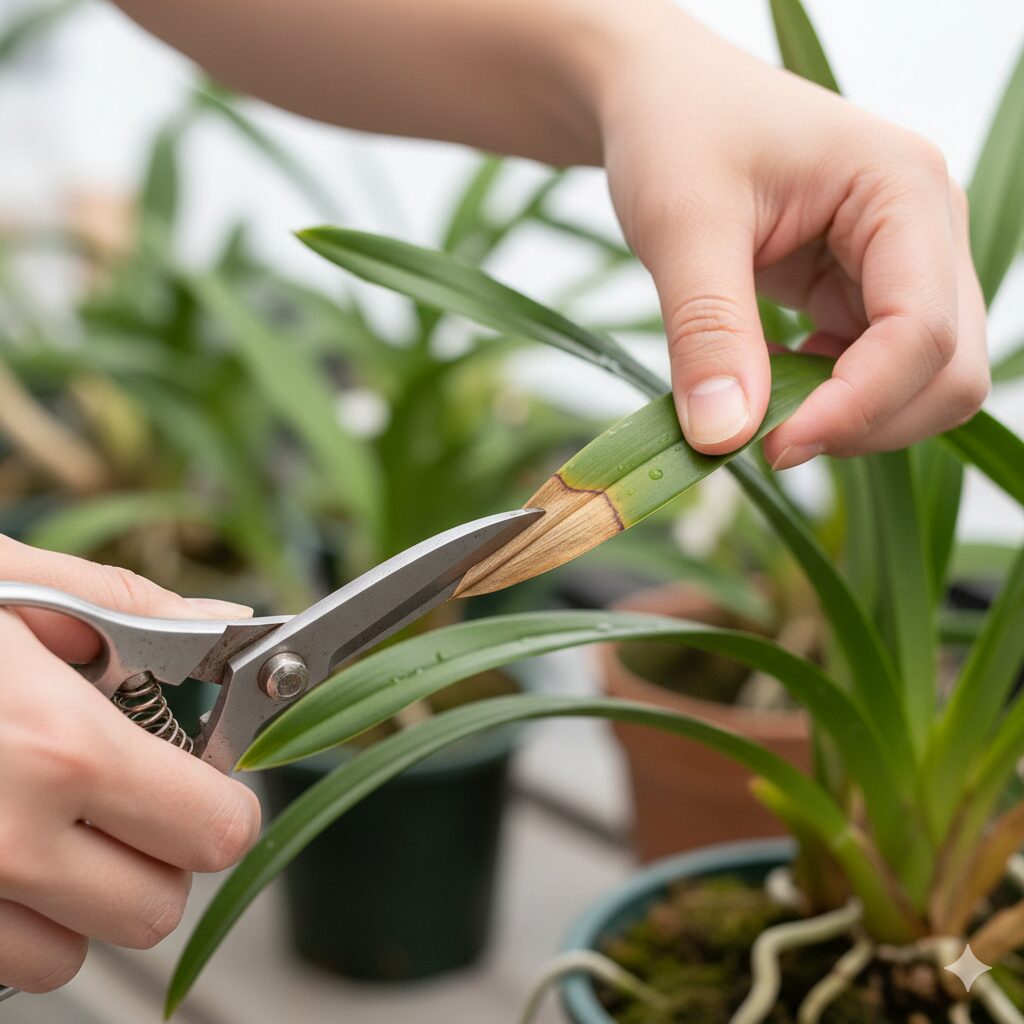 シンビジウム 葉っぱ切る2　シンビジウムの枯れた葉先を美観を保つために斜め45度にカットするトリミング作業