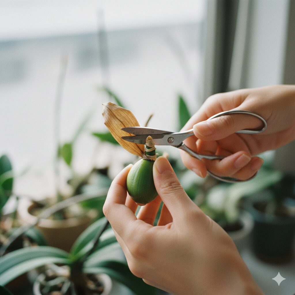 シンビジウム 葉っぱ切る3　シンビジウムのバルブ根元から役割を終えて枯れた古い葉を切り取る剪定の様子