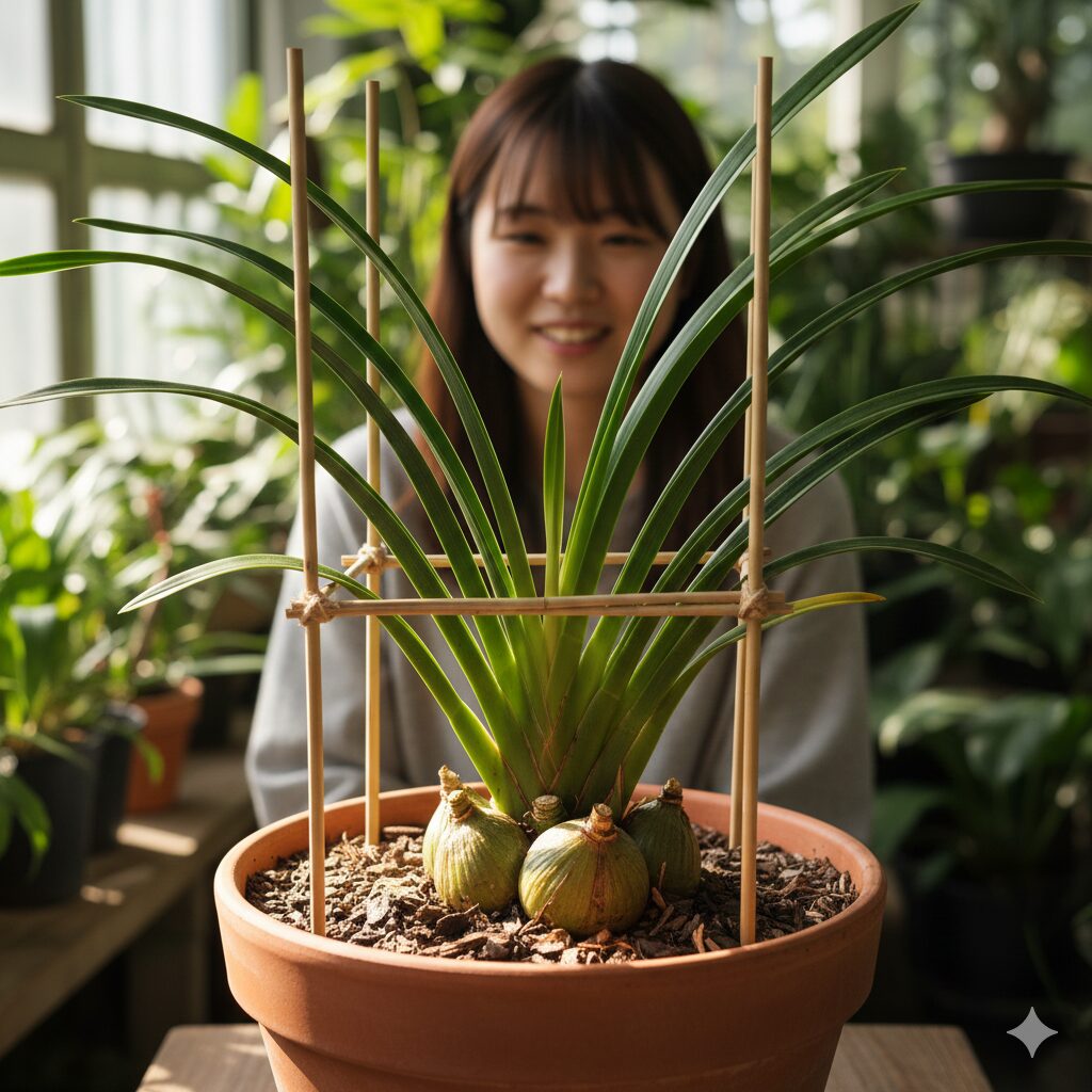 シンビジウム 葉っぱ切る6　支柱と紐でシンビジウムの葉を整えバルブの根元まで日光を届ける葉組みの仕立て