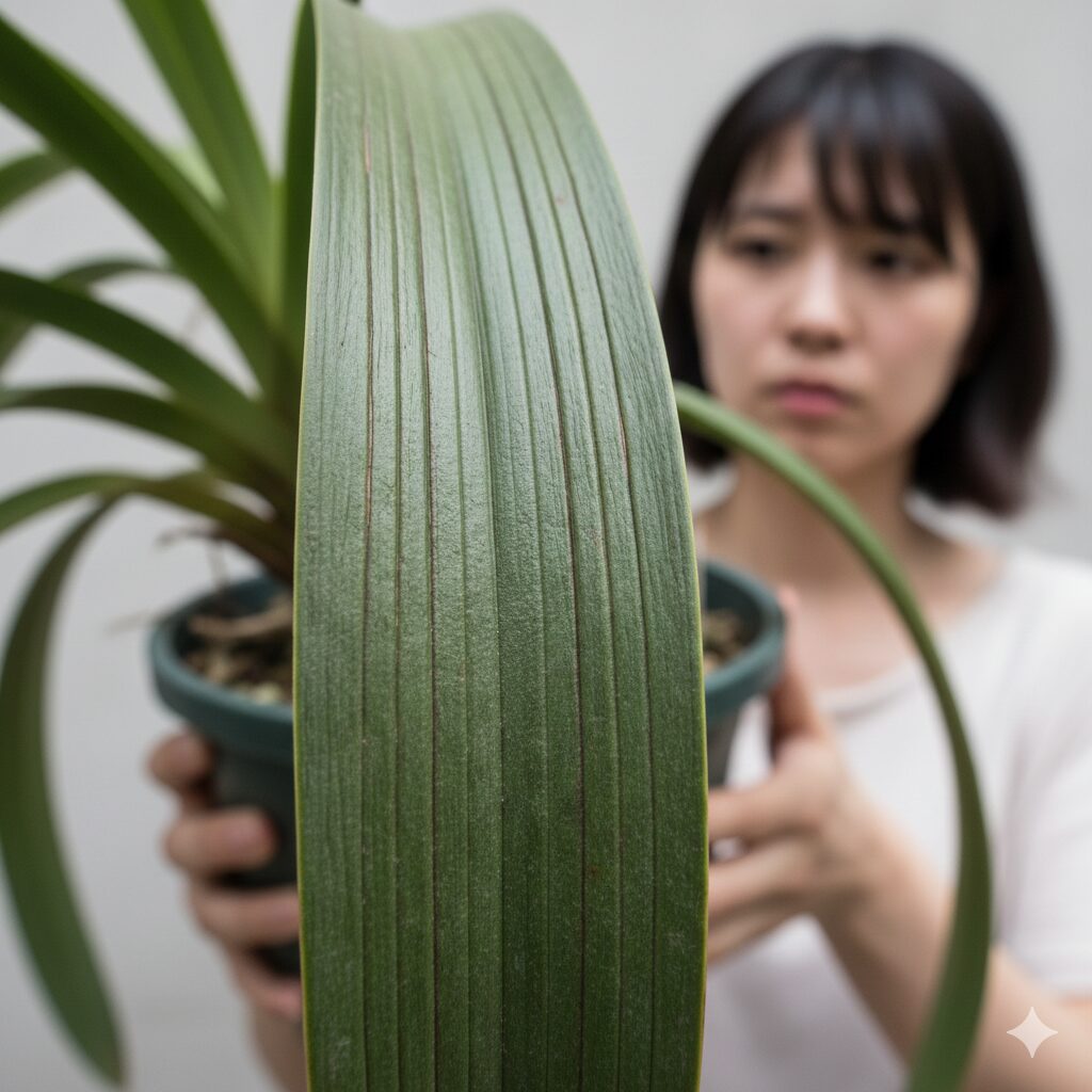 シンビジウム 葉っぱ切る8　根腐れによる水分不足で表面に縦シワが刻まれたシンビジウムの葉の状態