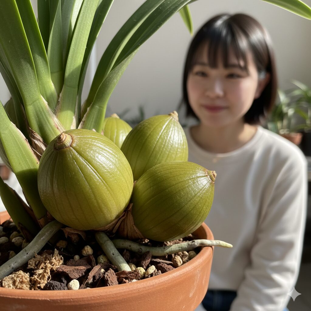 シンビジウム 葉ばかり1　開花準備が整った、パンパンに太り成熟したシンビジウムの健康的なバルブのクローズアップ