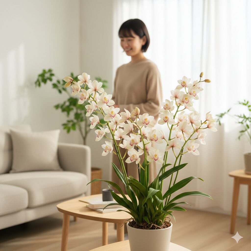 シンビジウム 葉ばかり10　年間管理の成功によって見事に開花した豪華なシンビジウムの鉢植え