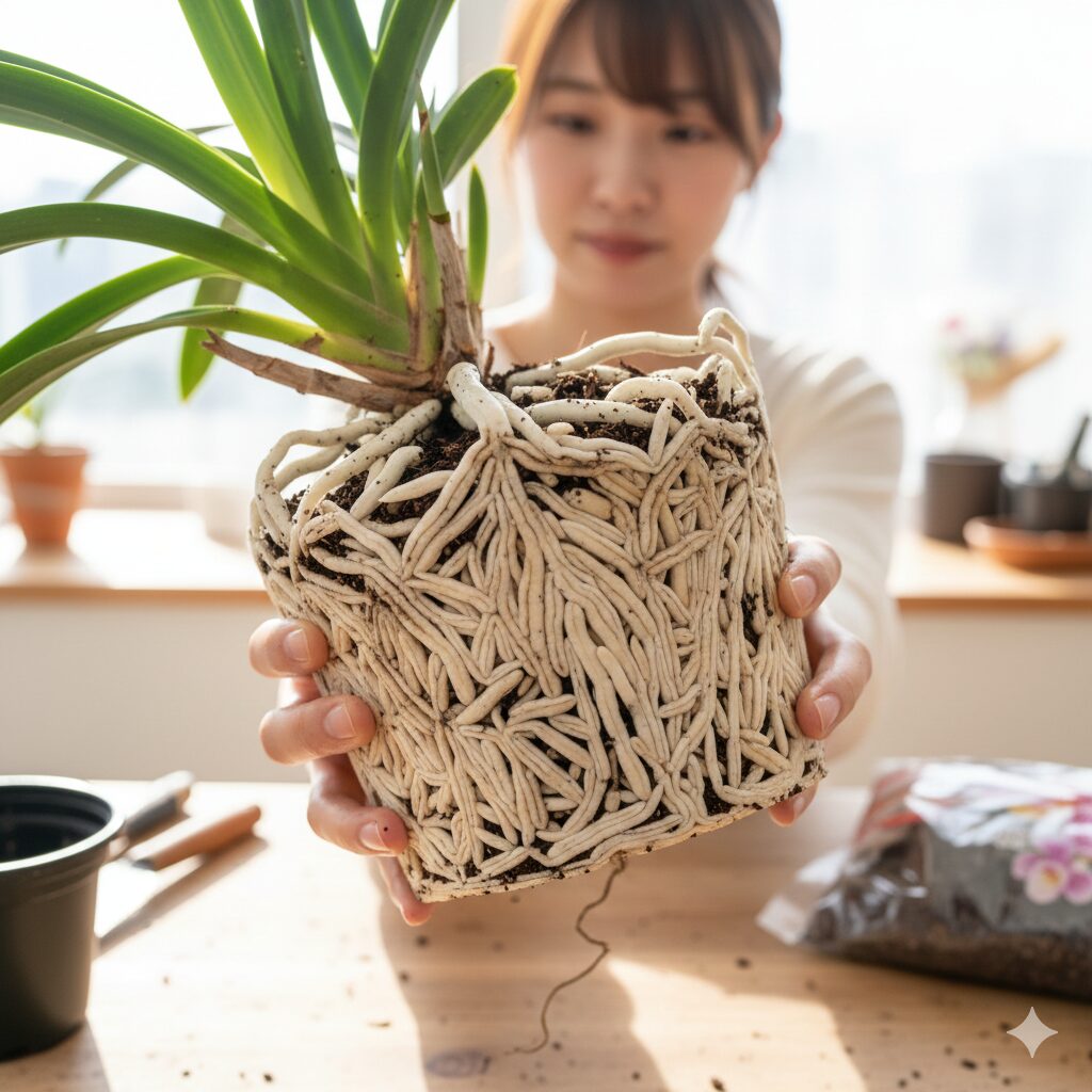 シンビジウム 葉ばかり2　シンビジウムの花芽形成を促すために理想的な、鉢の中で適度に根が回った根詰まり（ポットバウンド）の状態