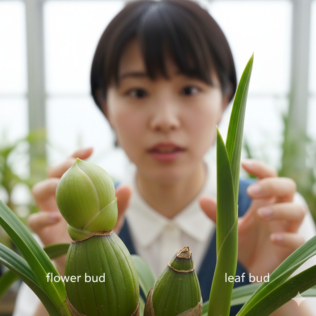 シンビジウム 葉ばかり5　シンビジウムのバルブを太らせるために不要な新芽を摘み取る春の芽かき作業の様子