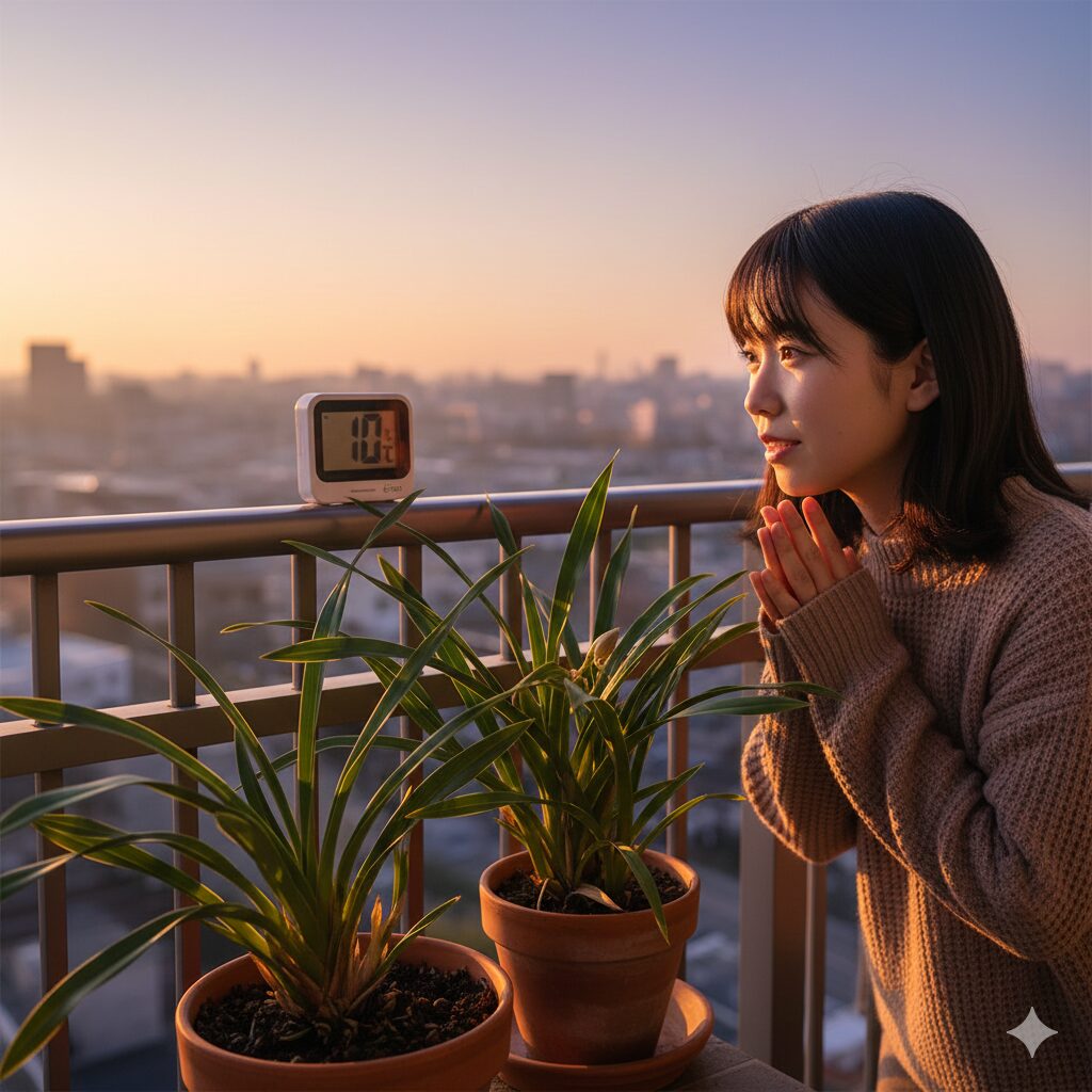 シンビジウム 葉ばかり7　花芽分化を促すために秋の冷気（低温）にさらされる屋外管理中のシンビジウム