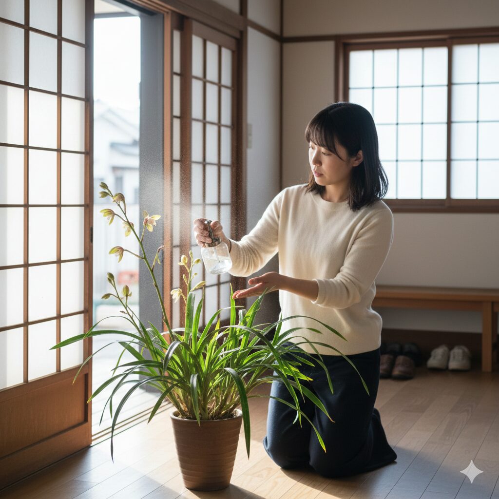シンビジウム 葉ばかり8　冬の室内で暖房を避け、涼しい玄関で管理される花芽が伸びたシンビジウム