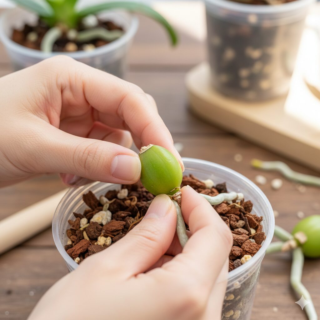 シンビジウム 葉ばかり9　シンビジウムの植え替え時に栄養貯蔵庫として残すべき緑色のバックバルブの処理