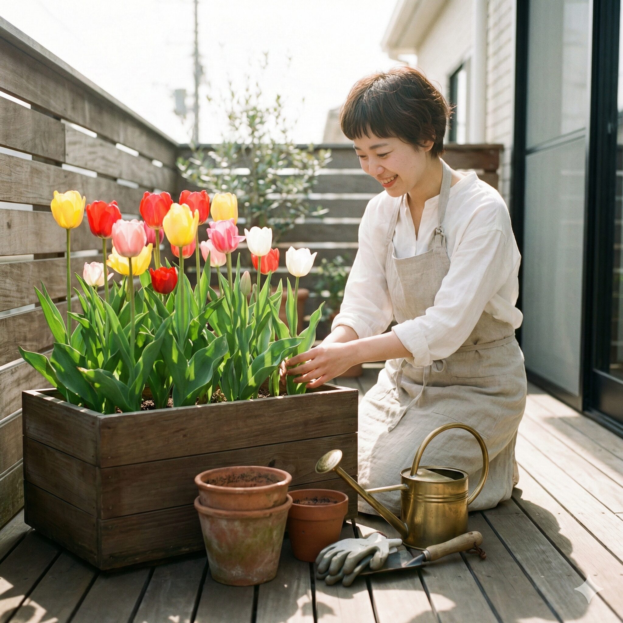 チューリップ 球根 3月に植える1　春の庭で美しく咲く色とりどりのチューリップの寄せ植え