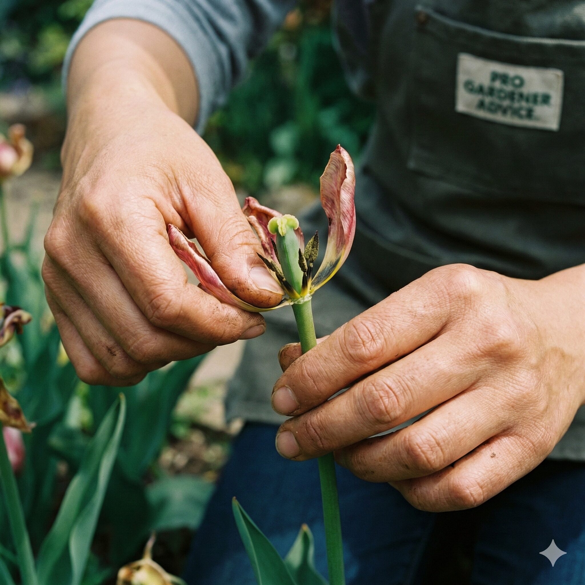 チューリップ 球根 3月に植える10 チューリップの花が終わった後に手で花首を摘み取る様子