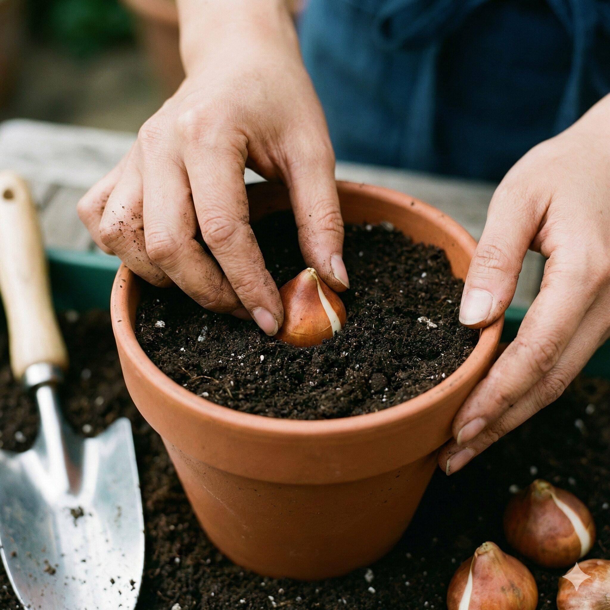 チューリップ 球根 3月に植える5 鉢植えでチューリップの球根を浅植えする手順の様子