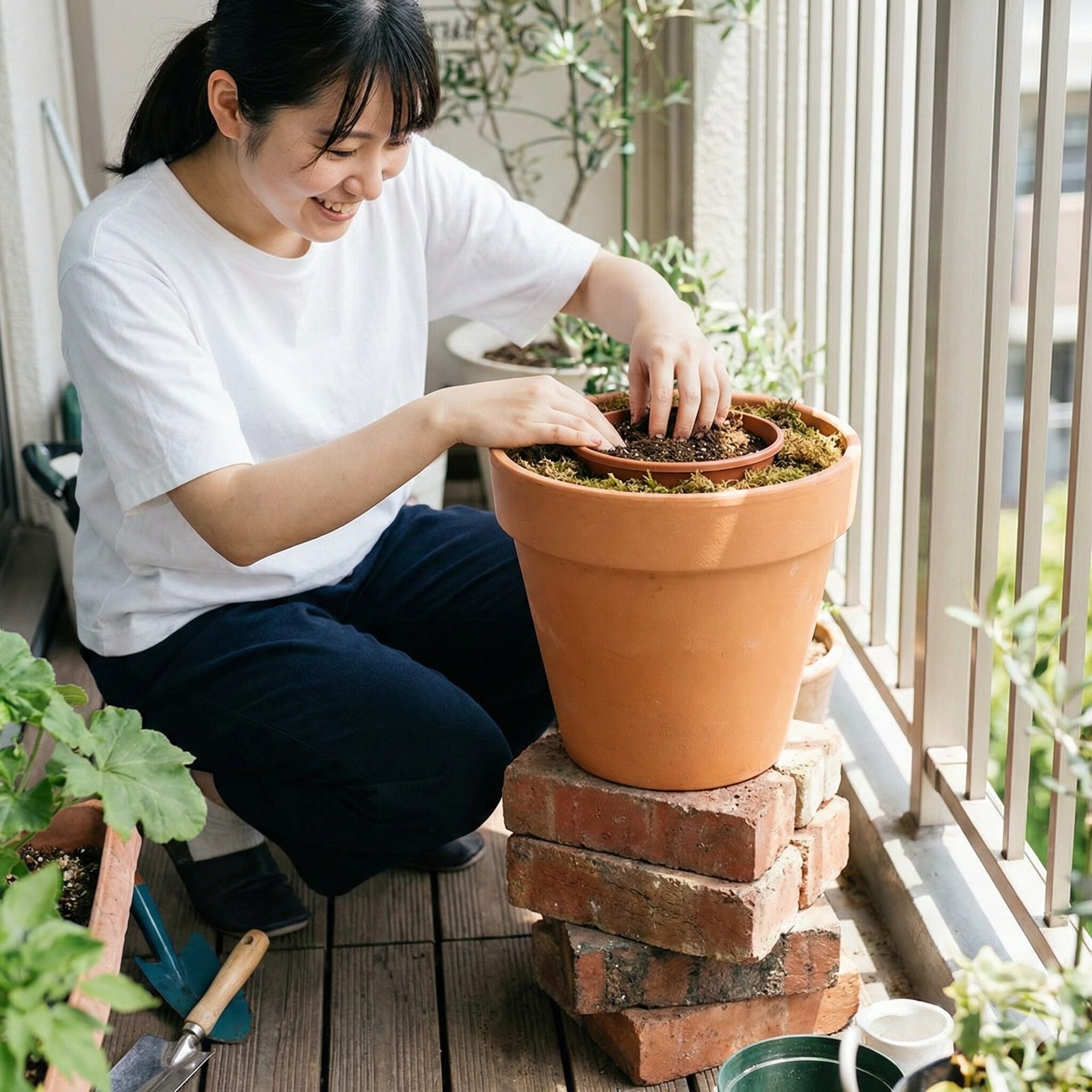 チューリップ 球根 3月に植える6 地温上昇を防ぐために二重鉢にしたチューリップの栽培容器