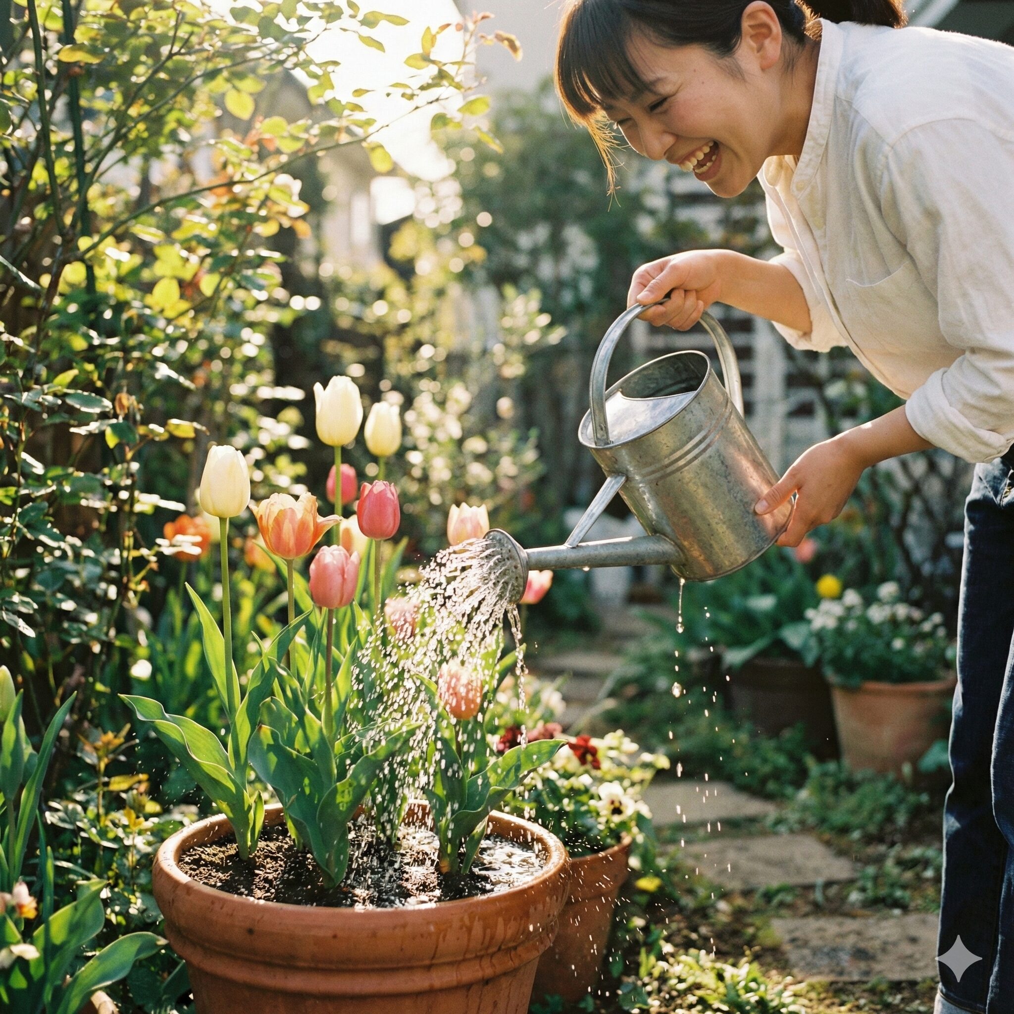 チューリップ 球根 3月に植える7 3月の朝にチューリップの鉢植えへ水やりをする様子