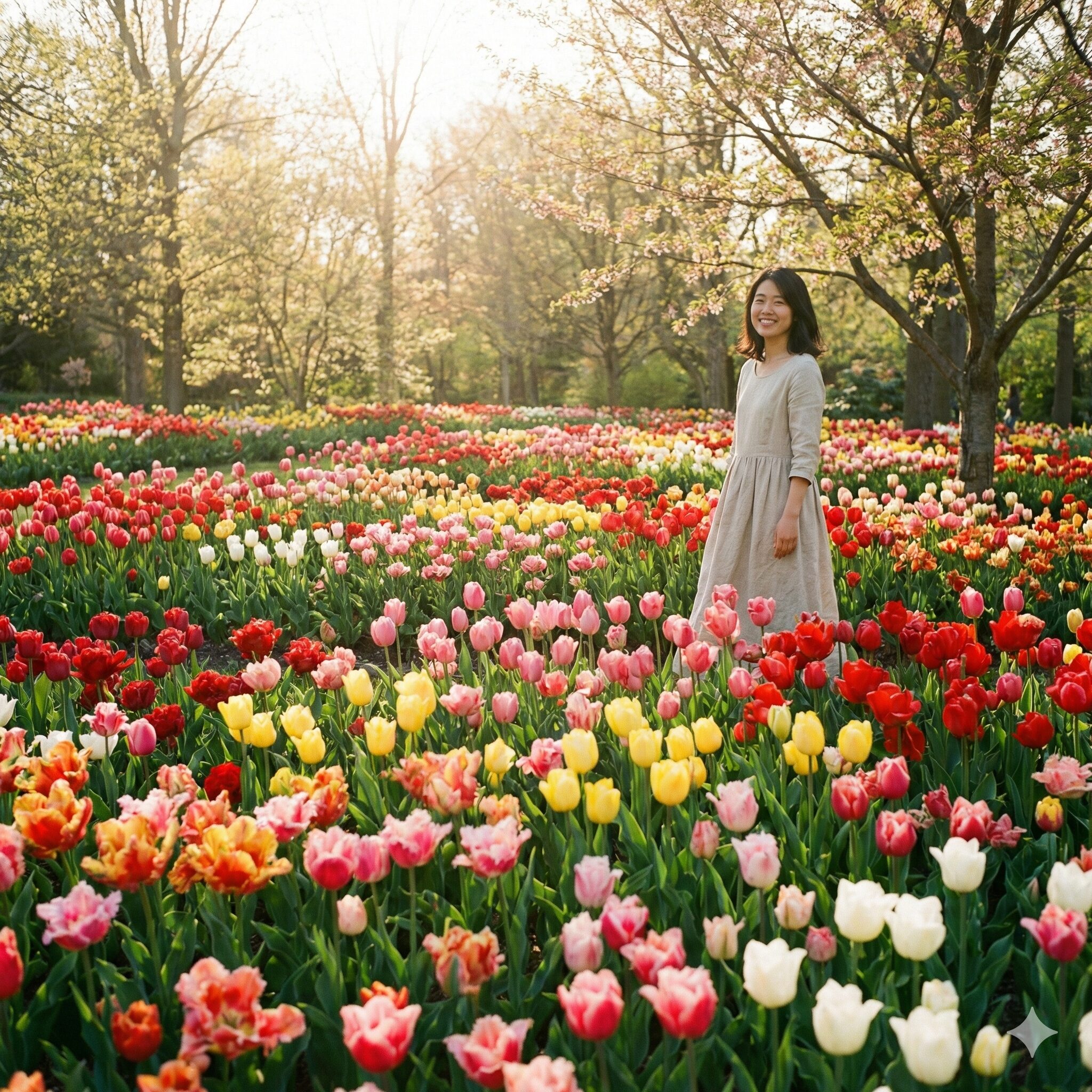 チューリップ 花びら 枚数1　春の光を受けて色鮮やかに咲き誇る、赤や黄色など多種多様なチューリップガーデンの全景写真。