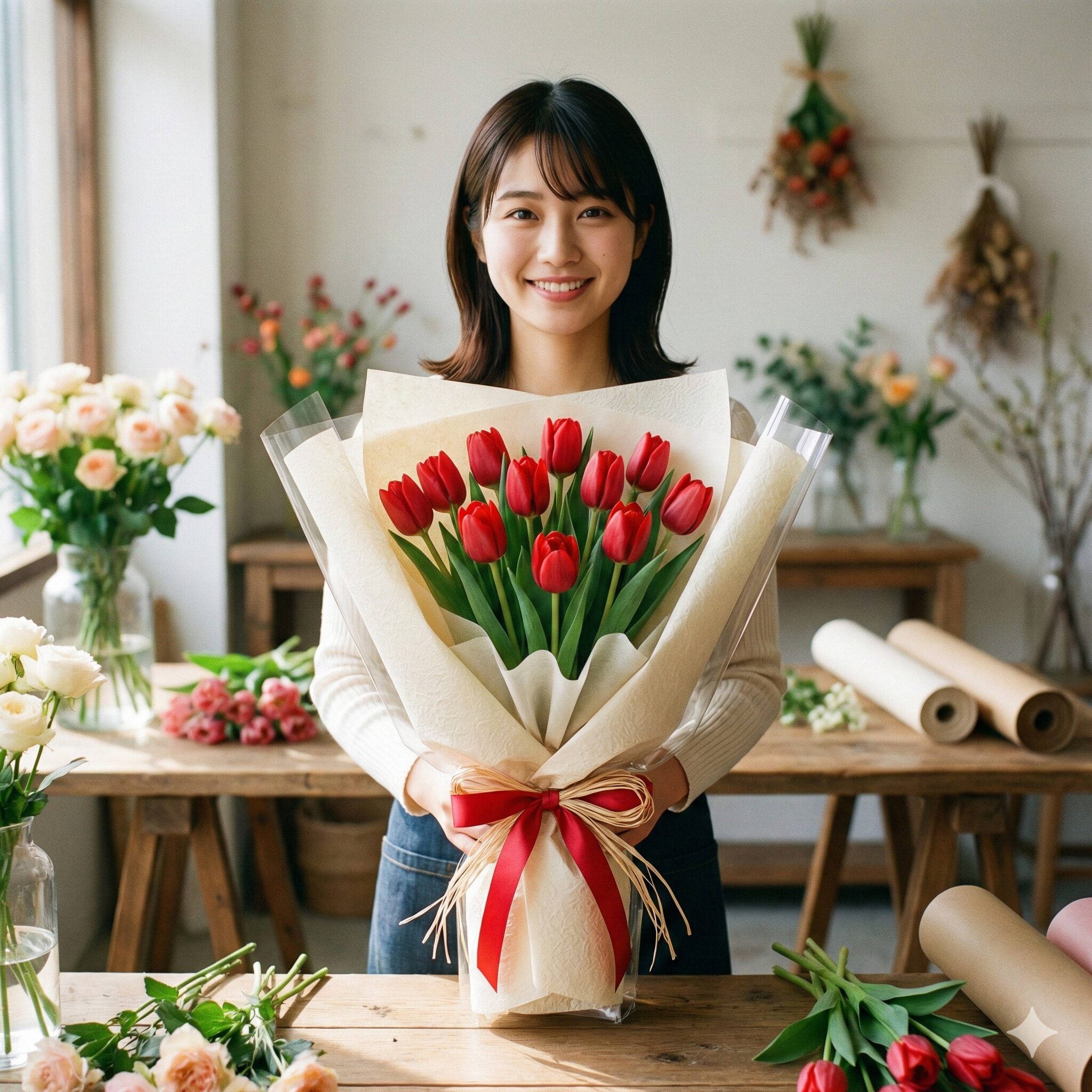 チューリップ 花びら 枚数10　プロポーズや記念日の贈り物に最適な、12本の赤いチューリップで構成された豪華な花束。