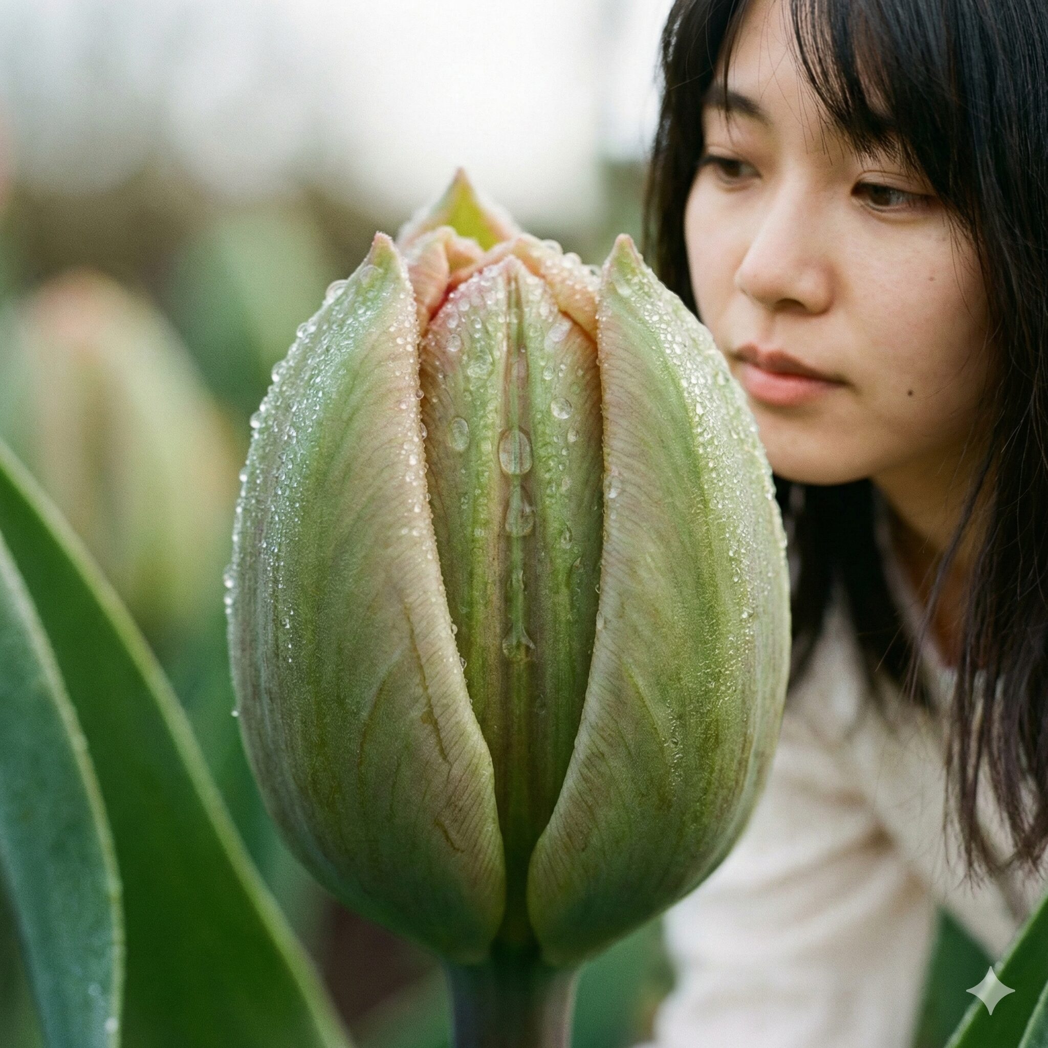 チューリップ 花びら 枚数3　まだ固く閉じているチューリップの蕾（つぼみ）のアップ。外側の花被片が緑色を帯びており、内部の繊細な器官をしっかりと保護している様子を捉える。表面には朝露がつき、生命力と「保護の役割」を感じさせる質感。