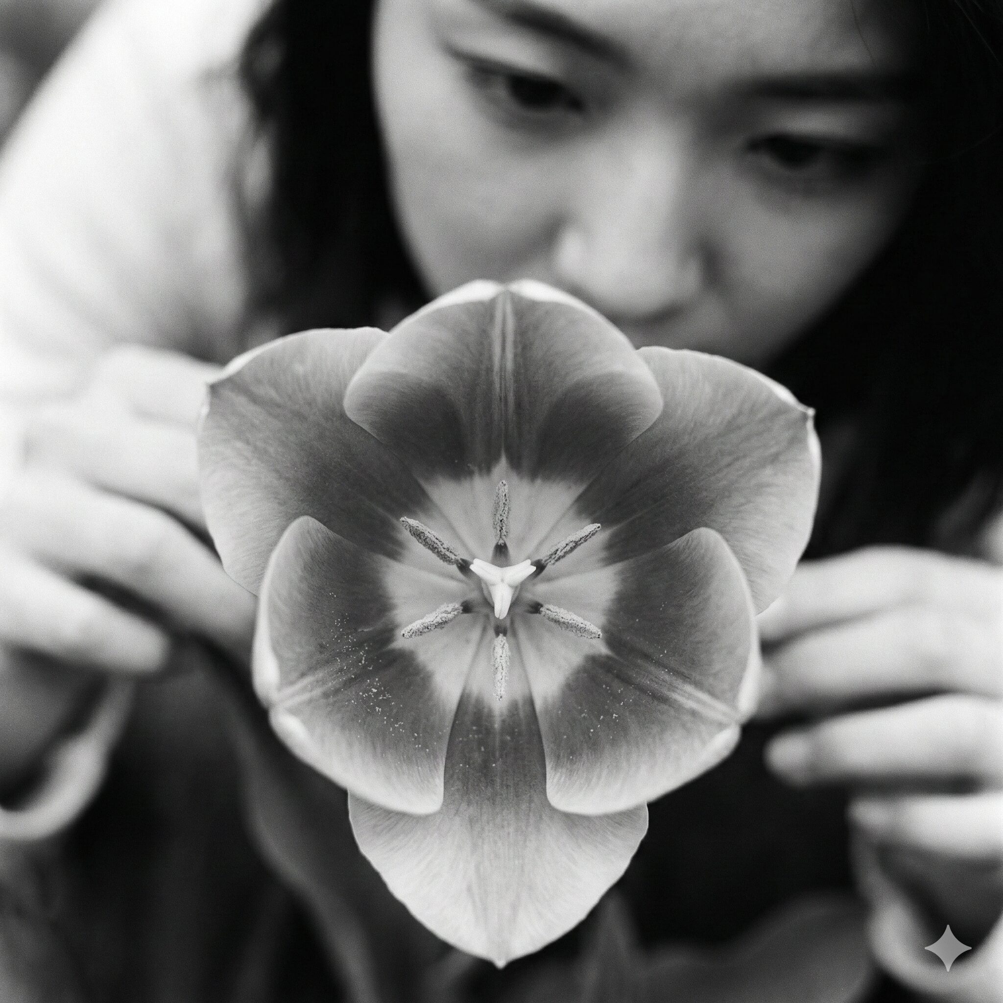 チューリップ 花びら 枚数4　チューリップの花を真上から俯瞰し、3つに割れた雌しべと6本の雄しべ、6枚の花被片からなる三数性の構造を示した写真。