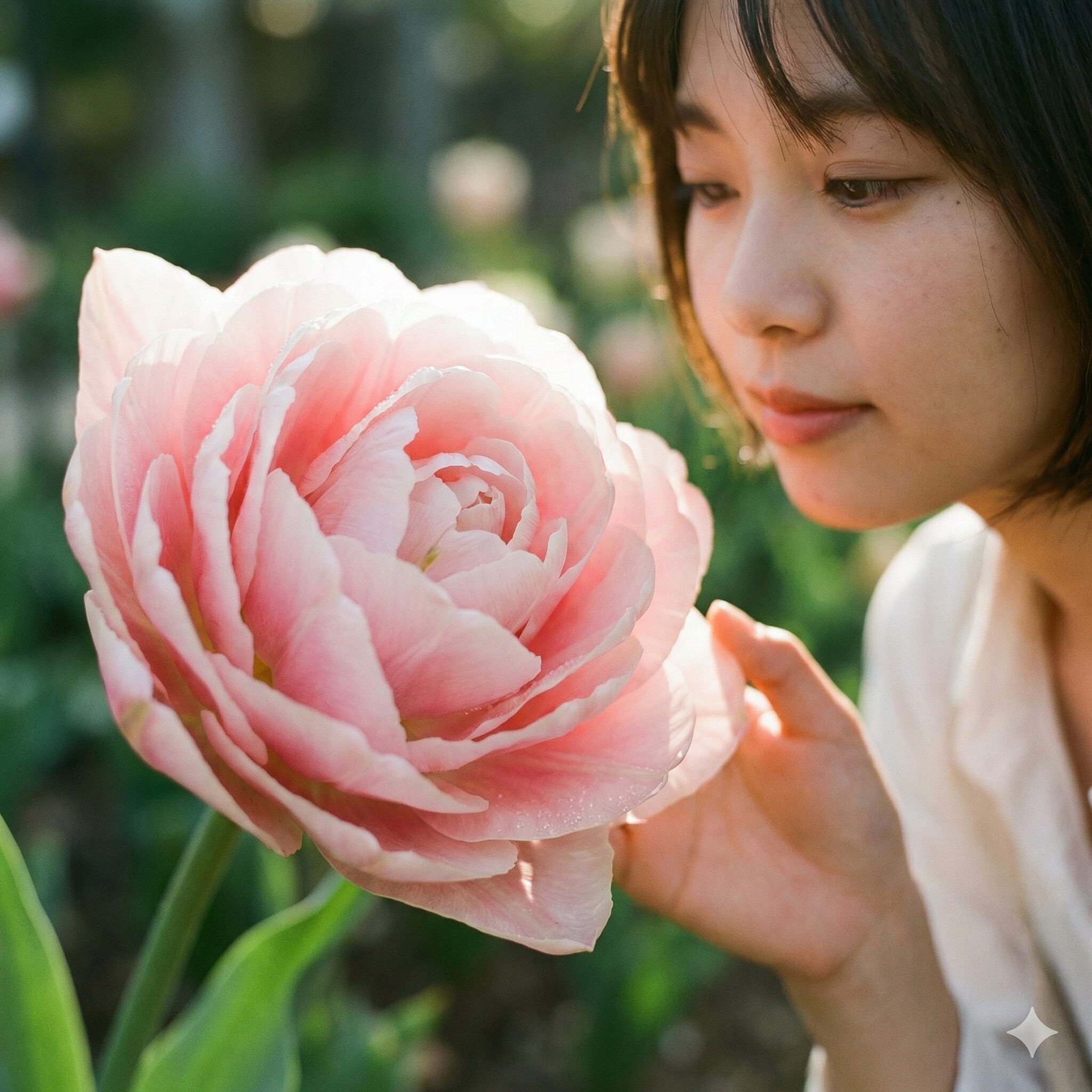 チューリップ 花びら 枚数6　50枚以上の花びらがバラのように幾重にも重なる、豪華な多弁性八重咲きチューリップ「アンジェリケ」の接写。