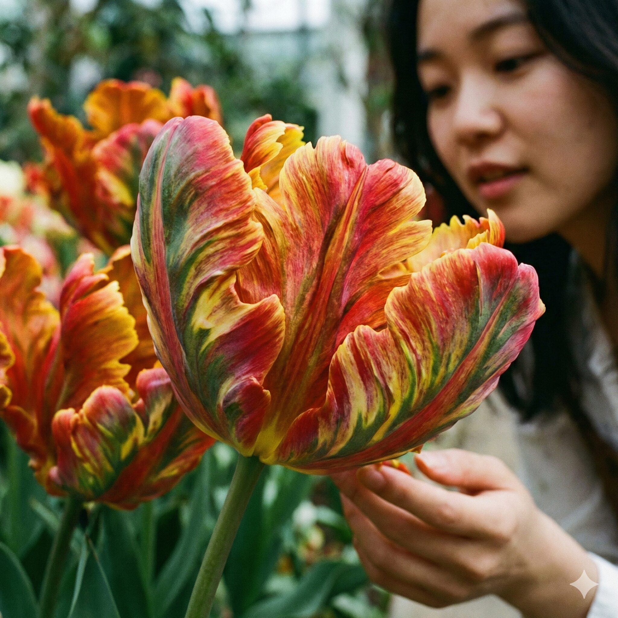 チューリップ 花びら 枚数7　花びらの縁に深い切れ込みとねじれがある、個性的で芸術的なパロット咲きチューリップのクローズアップ。