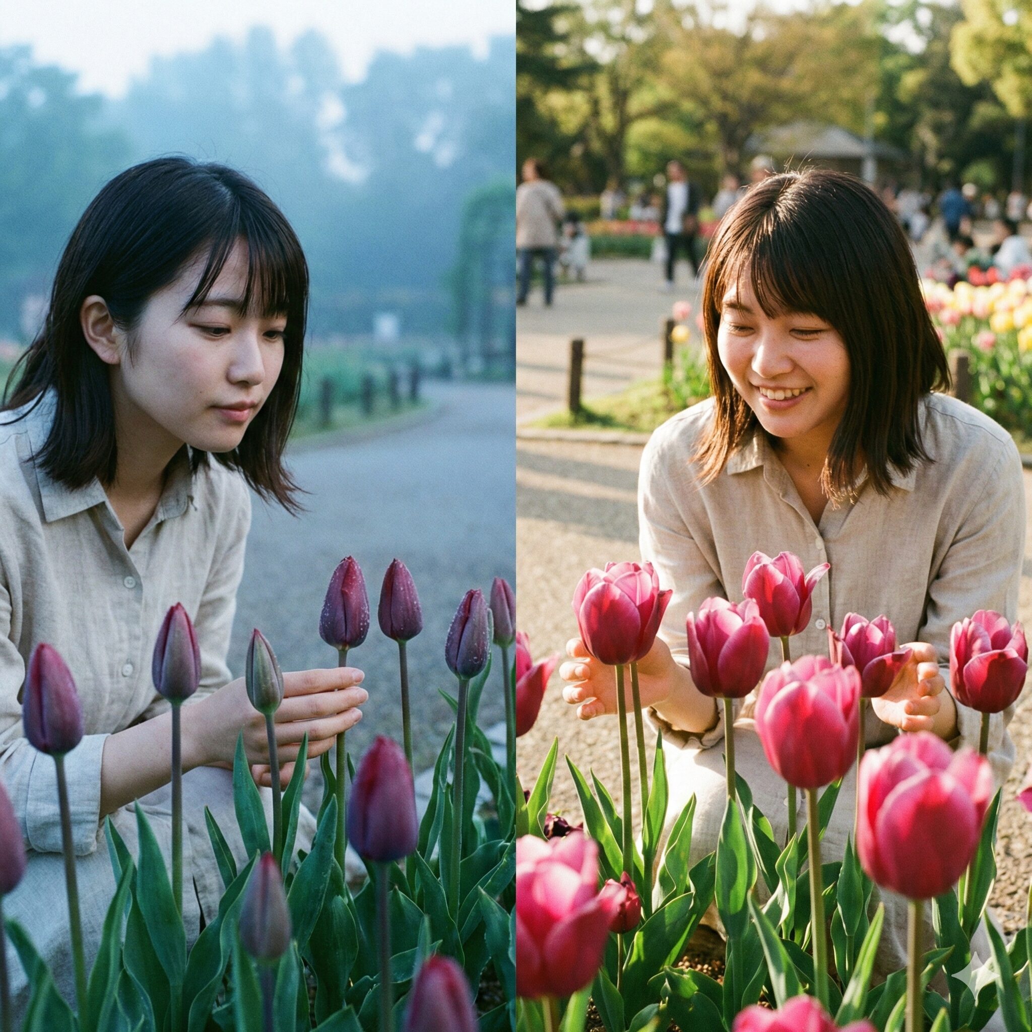 チューリップ 花びら 枚数9　チューリップの熱傾性を示す比較写真。左は寒さで閉じた花、右は暖かさで大きく開いた花。