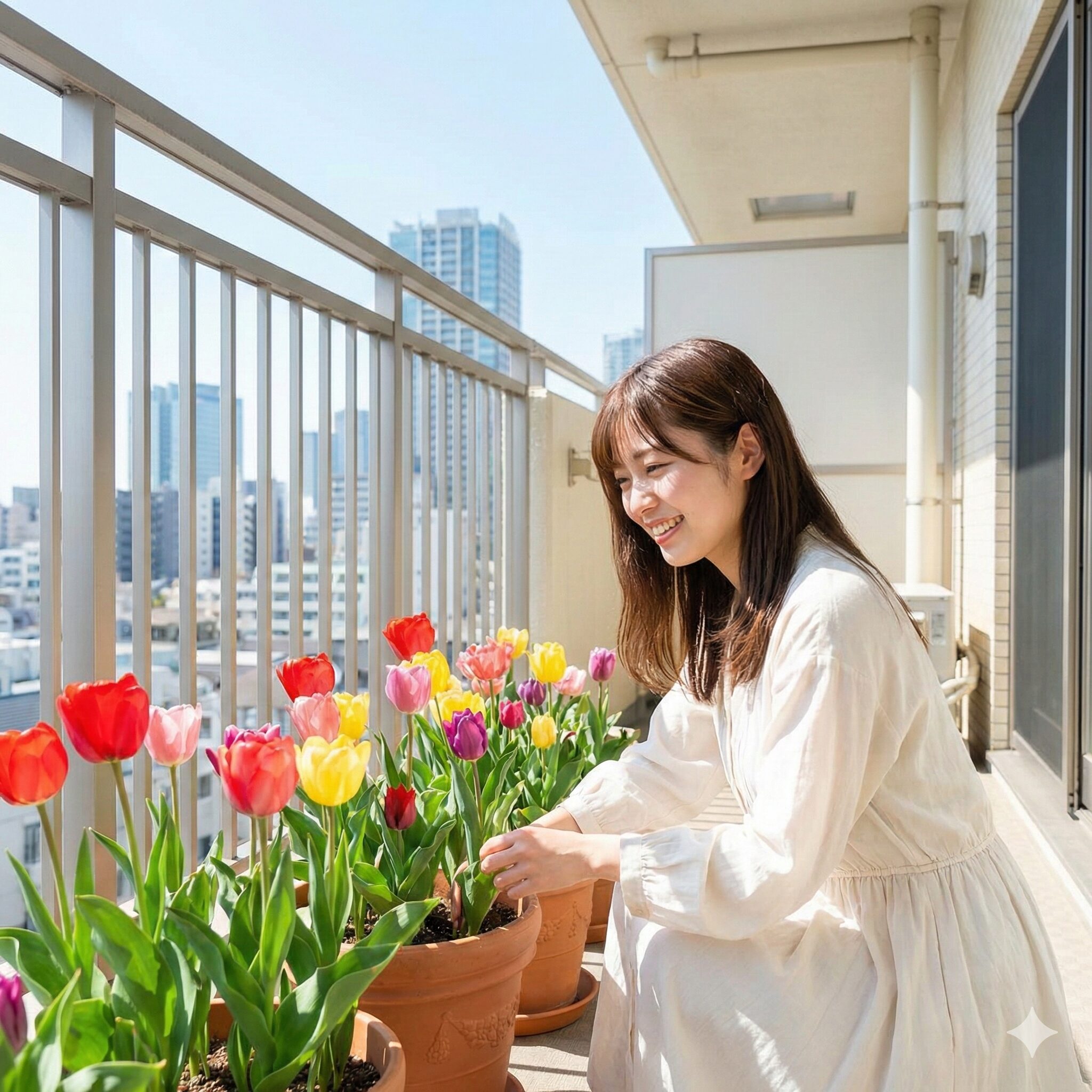 チューリップの植え方 プランター1　ベランダのプランターで色鮮やかに満開を迎えたチューリップの寄せ植え